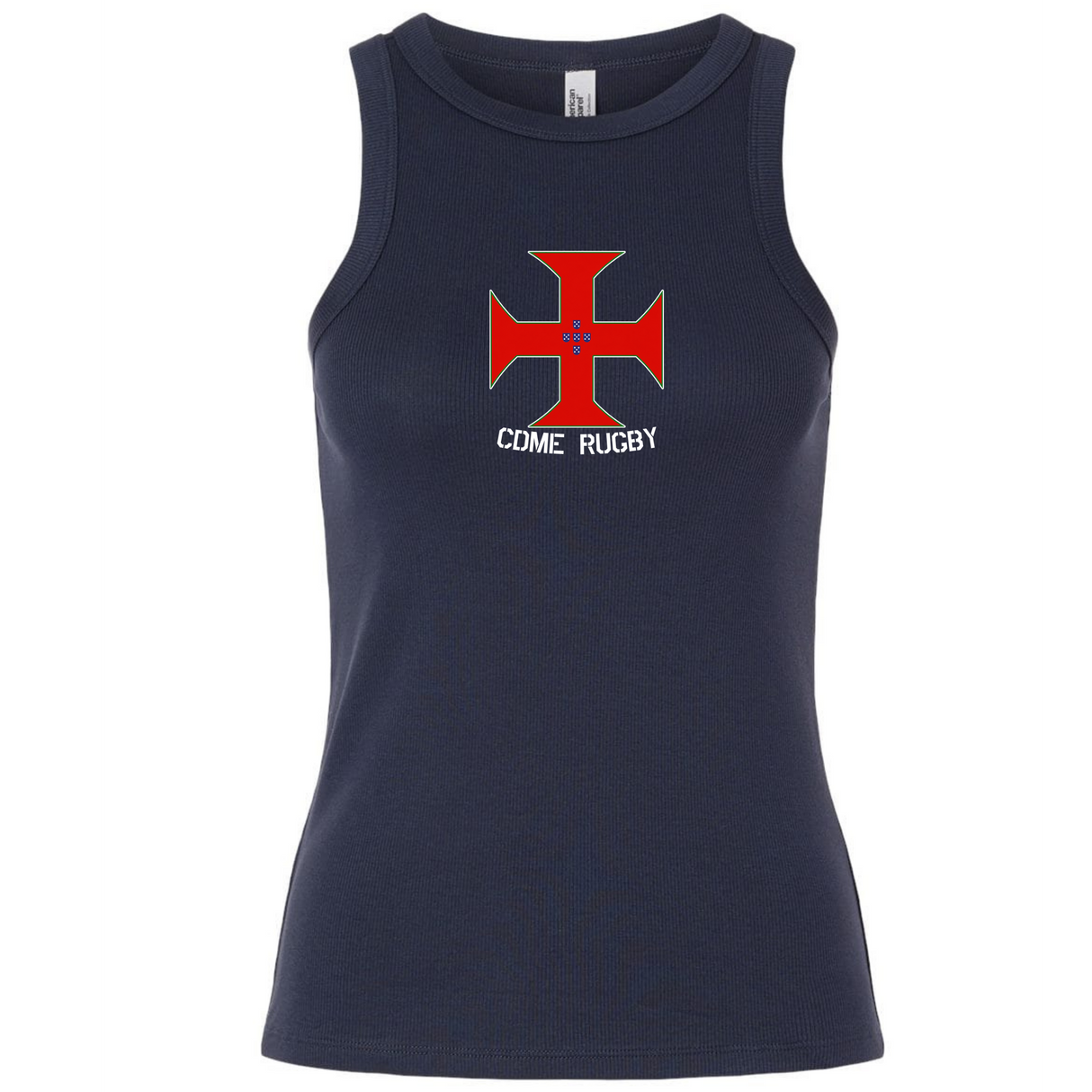 Introducing the SF CDME Rugby Women's Baby Rib Tank by EMB S&S Activewear—a navy blue stretch-fit tank featuring a red cross emblem and “COME RUGBY” printed beneath the design on the chest, seamlessly combining classic style with modern comfort.