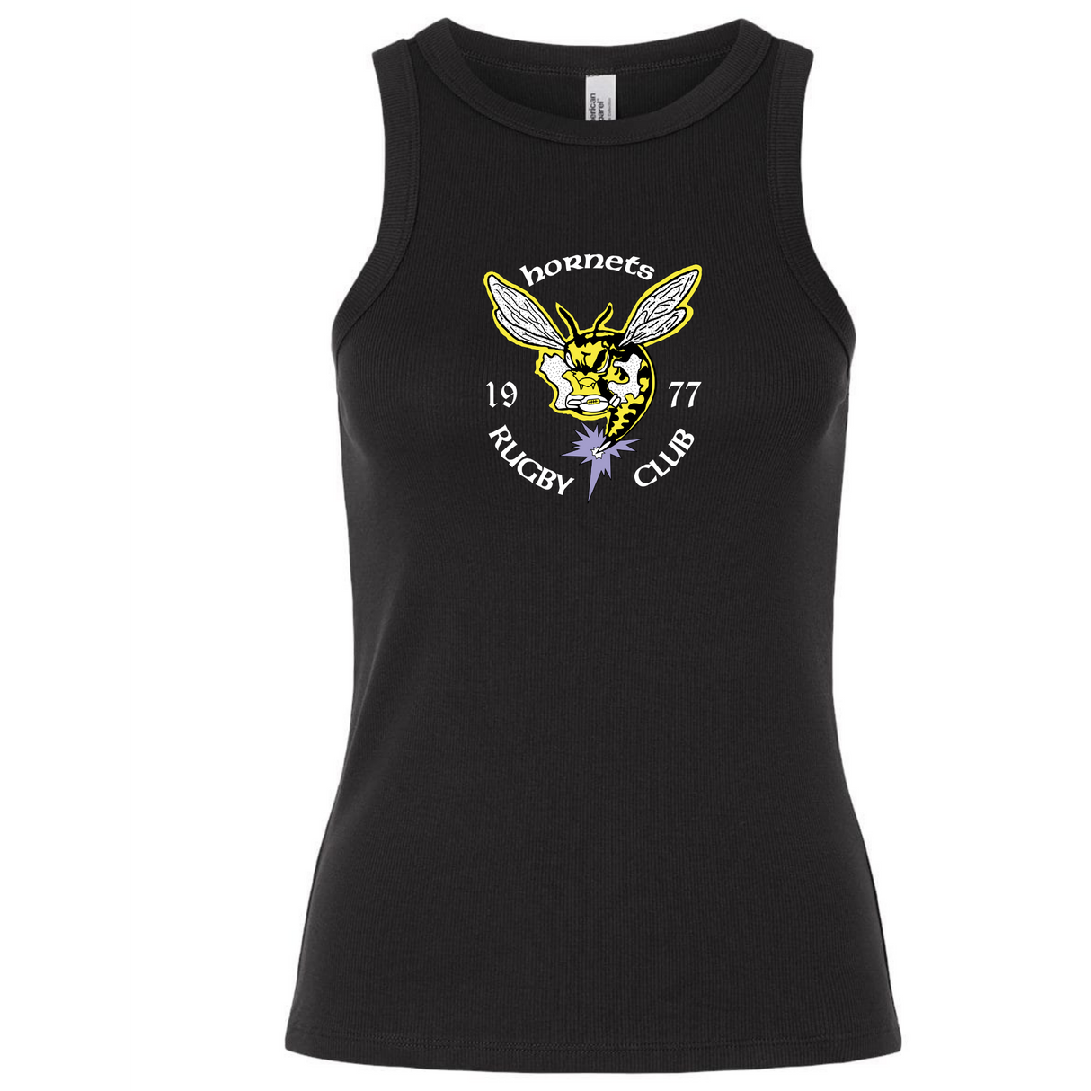 The Hornets Rugby Club 1977 Women's Baby Rib Tank by EMB S&S Activewear features a yellow hornet logo and "Hornets Rugby Club 1977" text in white, arranged in a circular design on the chest. This classic stretch-fit tank combines comfort with sporty flair for Black women.