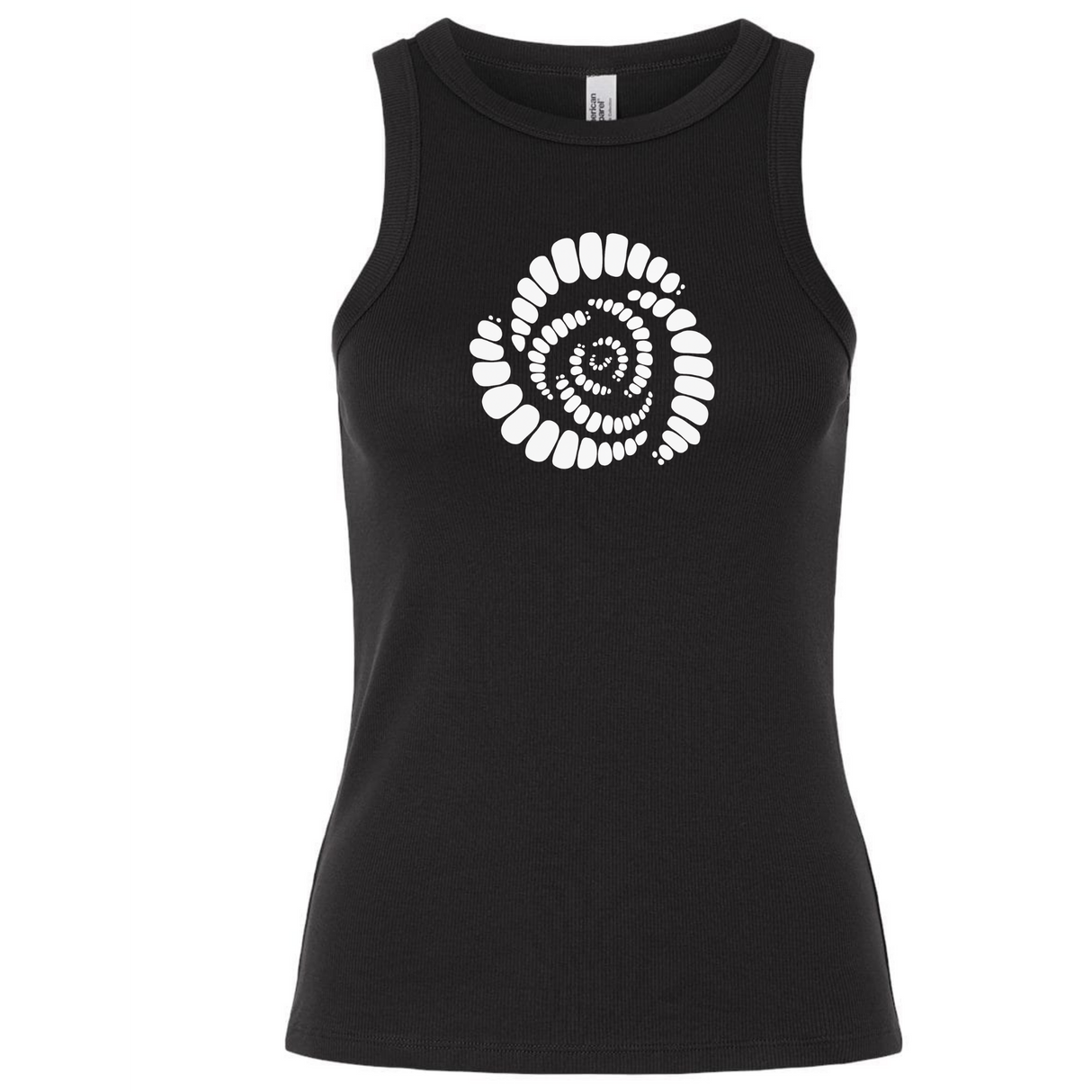 The Missoula All-Maggots Women’s Baby Rib Tank by EMB S&S Activewear features a black sleeveless, stretch-fit design with a white spiral seashell graphic centered on the chest, blending classic style and comfort in a flattering women’s baby rib tank.
