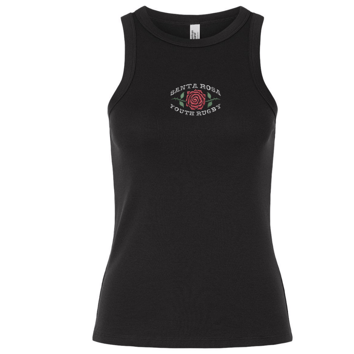 The EMB S&S Activewear Santa Rosa Youth Rugby Women’s Baby Rib Tank features a classic black stretch-fit design with “Santa Rosa Youth Rugby” and a red rose graphic printed on the chest.