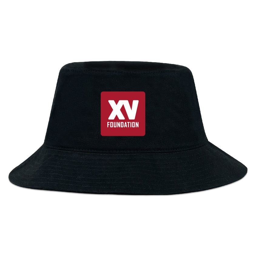 The XV Foundation Crusher Bucket Cap by EMB S&S Activewear is a black cotton twill hat with a red square patch featuring white "XV FOUNDATION" text, blending classic style with sun protection.