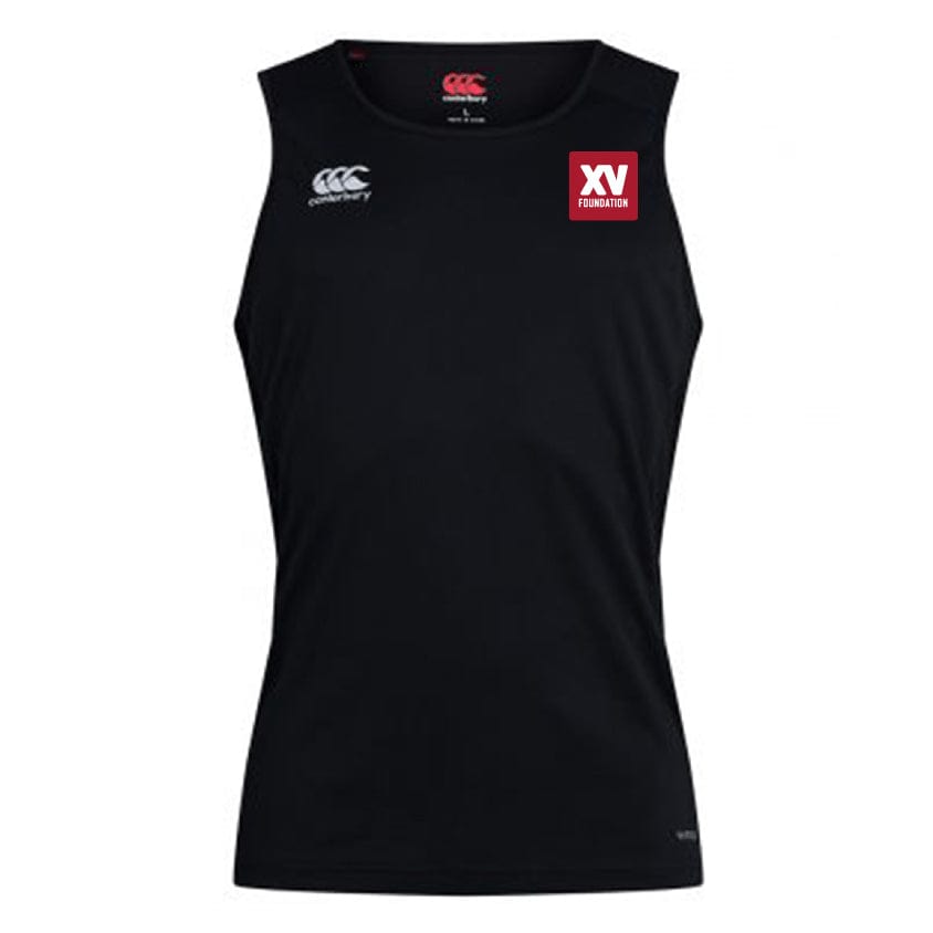 The XV Foundation Club Dry Singlet by EMB Canterbury is a black sleeveless athletic top with Vapodri Technology, featuring a white Canterbury logo on the right chest and a red "XV Foundation" logo on the left.