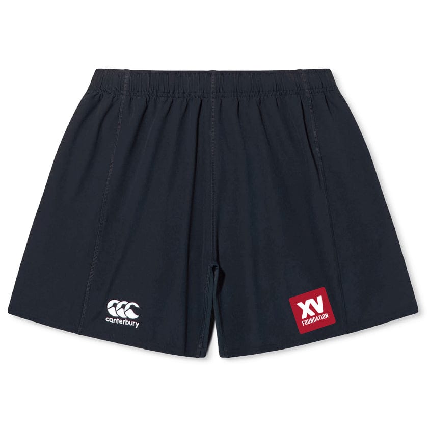 The XV Foundation Yokohama Short by EMB Canterbury is made from lightweight, durable fabric with an elastic waistband, featuring a white CCC logo on the left leg and a red XV Foundation patch on the right.