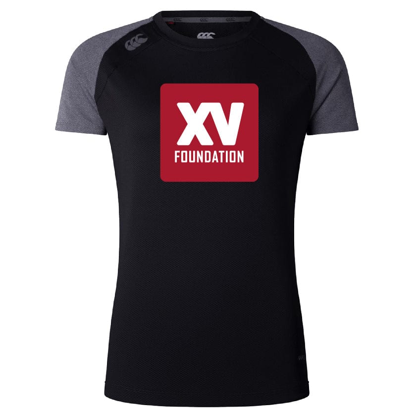 The XV Foundation Women's Elite Training Tee by WRS Canterbury features a black and gray design in lightweight recycled polyester with Vapodri tech and a chest logo reading "XV FOUNDATION" in bold white on a red square.