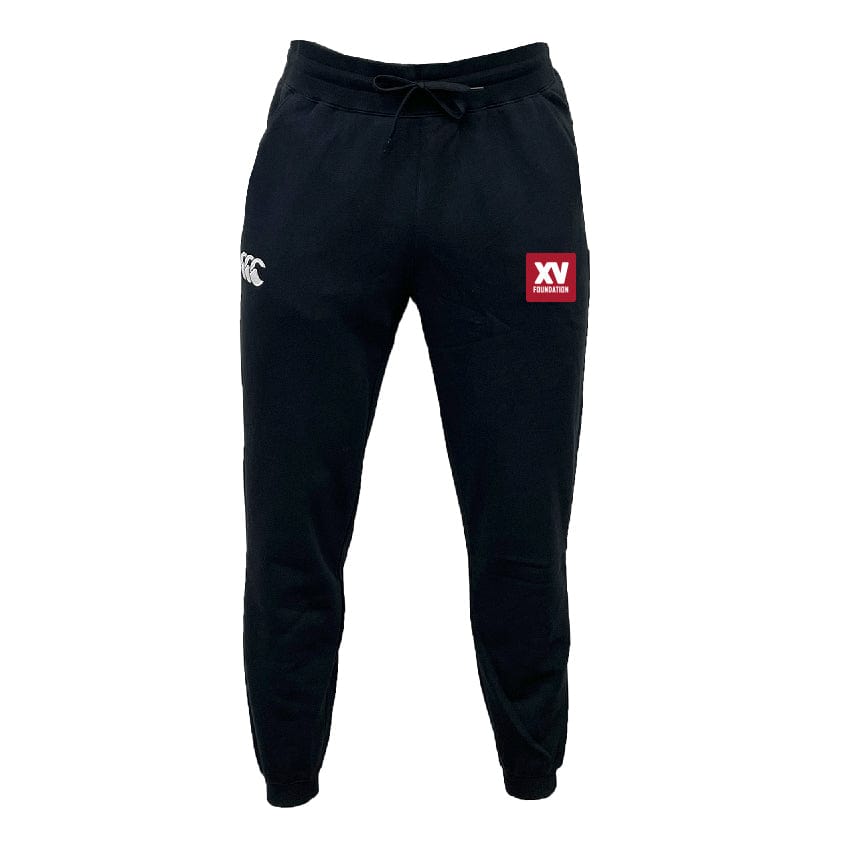 The XV Foundation Leisure Sweatpant by EMB Canterbury features a drawstring waist, recycled polyester fabric, a white CCC logo on the left thigh, and a red XV Foundation logo on the right.