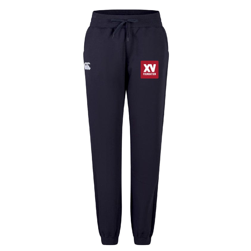 The XV Foundation Women's Leisure Sweatpant by EMB Canterbury features a navy design, drawstring waist, white Canterbury logo on the left hip, red "XV Foundation" logo on the right thigh, and is made from soft organic cotton for comfort.