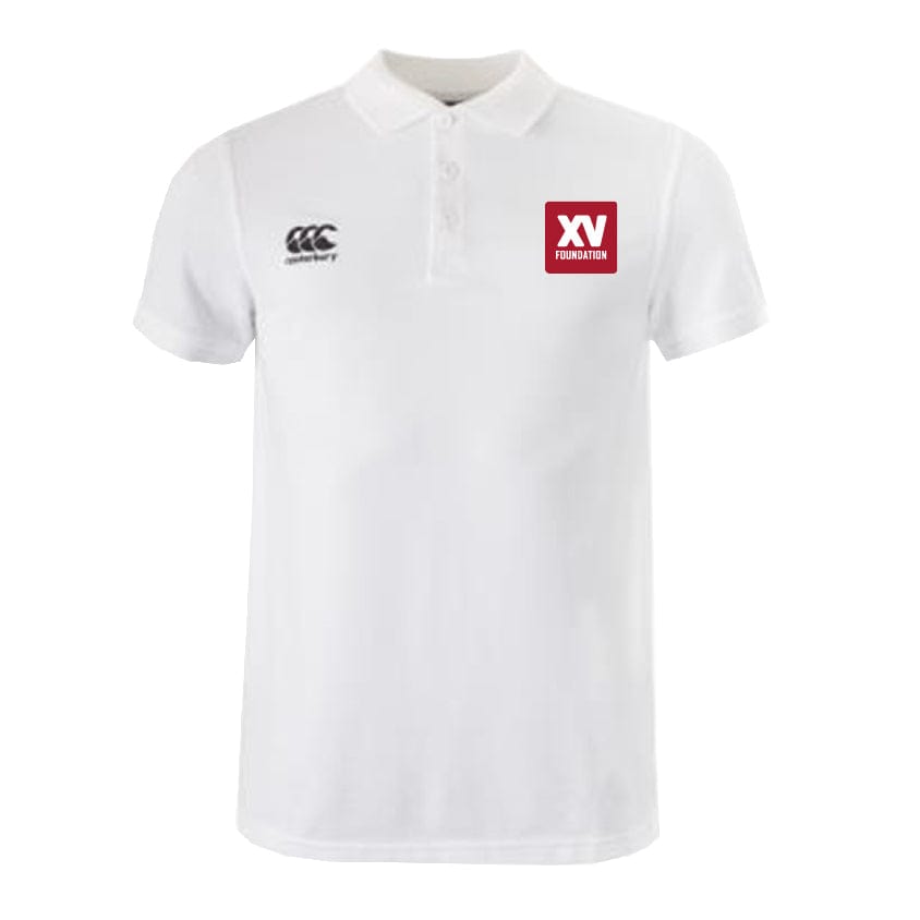 The XV Foundation Waimak Polo by EMB Canterbury features a cotton-polyester blend, a black Canterbury logo on the right chest, and a red "XV Foundation" logo on the left.