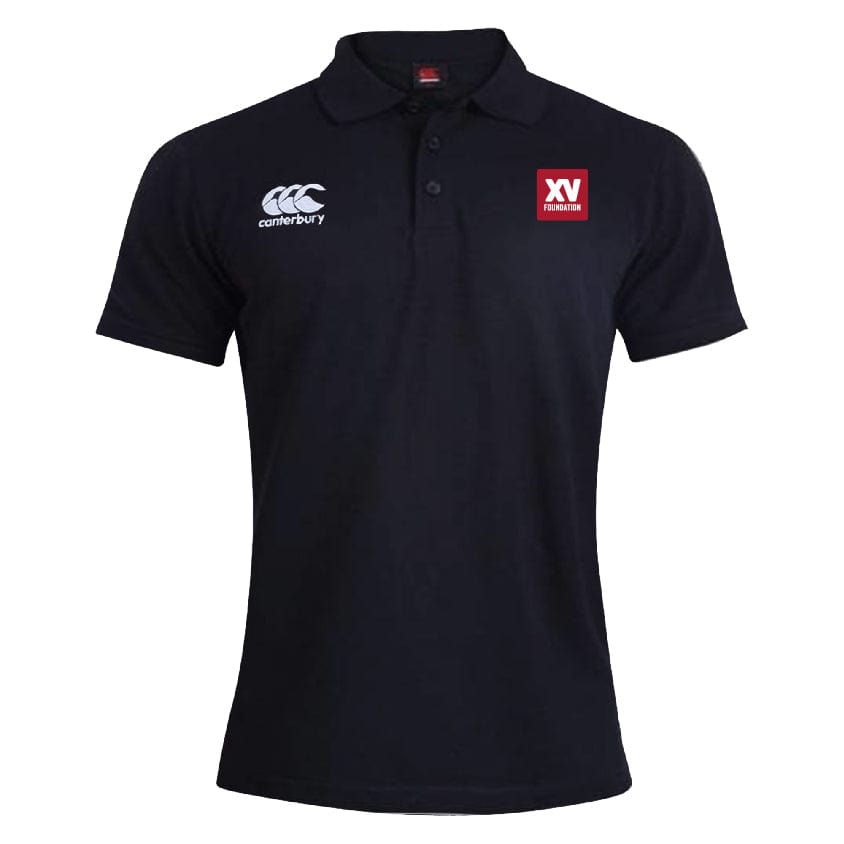 The XV Foundation Waimak Polo by EMB Canterbury is a black cotton-polyester rugby shirt with a collar, Canterbury logo on the right chest, and a red and white "XV" patch on the left chest.