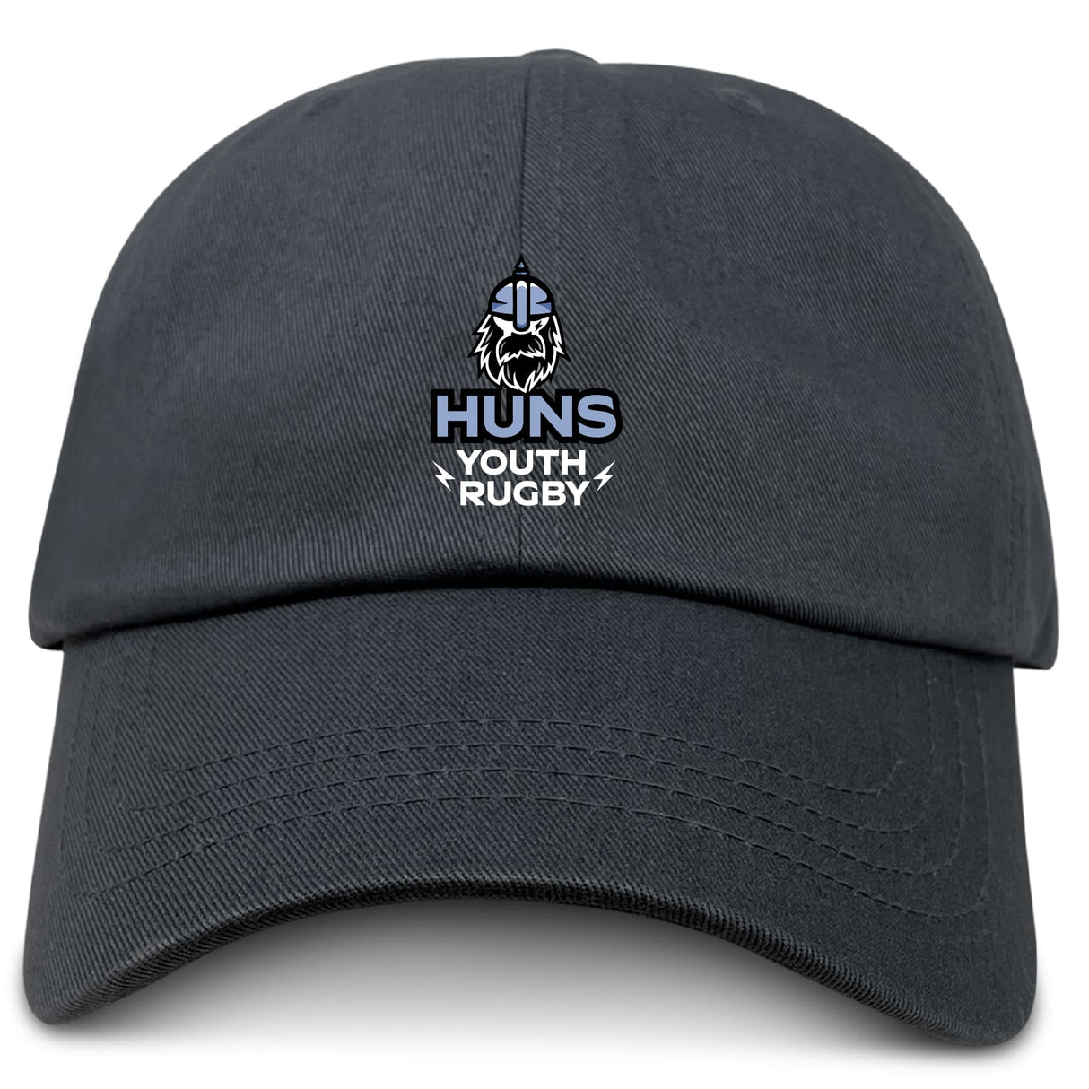The Austin Huns Youth Rugby Adult Low-Profile Cotton Twill Dad Cap by EMB S&S Activewear is a black cotton twill dad hat featuring embroidered team branding, including the Huns Youth Rugby logo with Viking head and text on the front.