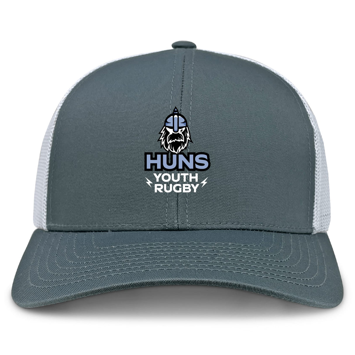 The Austin Huns Youth Rugby Retro Trucker Cap by EMB S&S Activewear features a gray and white design, an embroidered Viking head logo with "Huns Youth Rugby" on the front, and a snapback closure for adjustable fit.