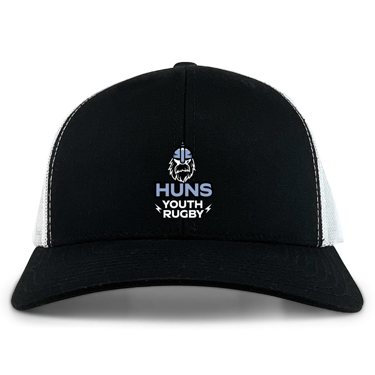 The Austin Huns Youth Rugby Retro Trucker Cap by EMB S&S Activewear features an embroidered helmeted face and "Huns Youth Rugby" on the front, with a black and white design and adjustable snapback closure for a classic fit.