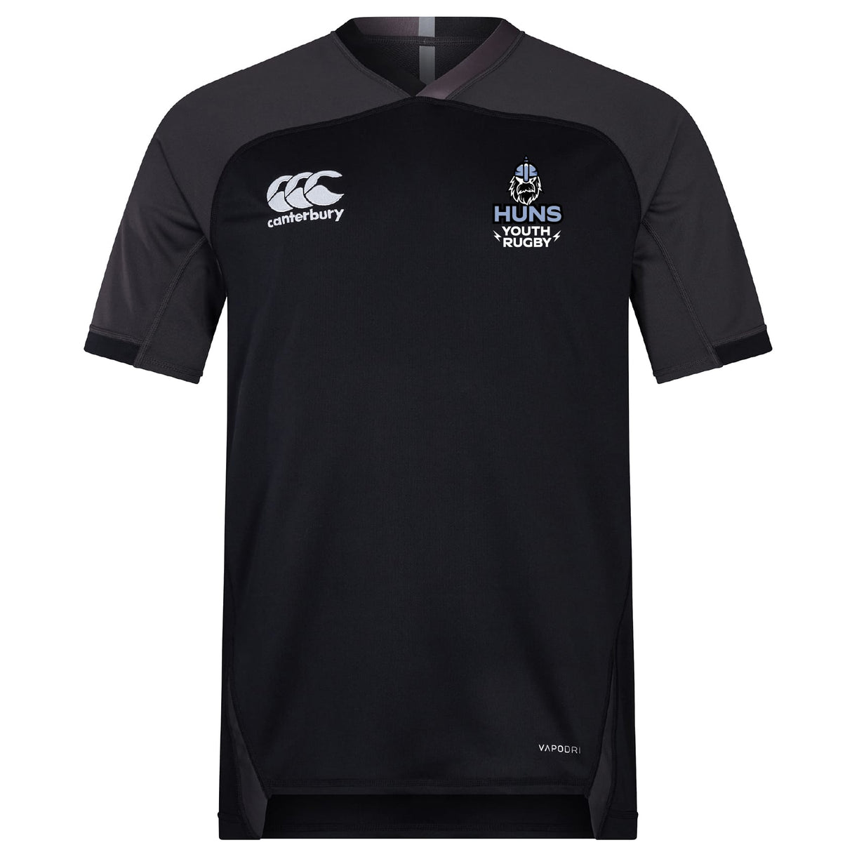 The Austin Huns Youth Rugby Vapodri Evader Jersey by EMB Canterbury is a black, moisture-wicking jersey with grey shoulders, featuring the Canterbury logo and Huns Youth Rugby crest on the chest.