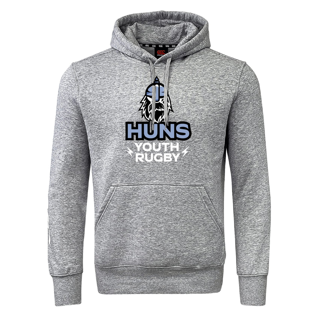 The Austin Huns Youth Rugby Club Hoodie by WRS Canterbury features "Huns Youth Rugby" and a wolf logo on the front, with a hood, drawstrings, and a front pocket for comfort and style.