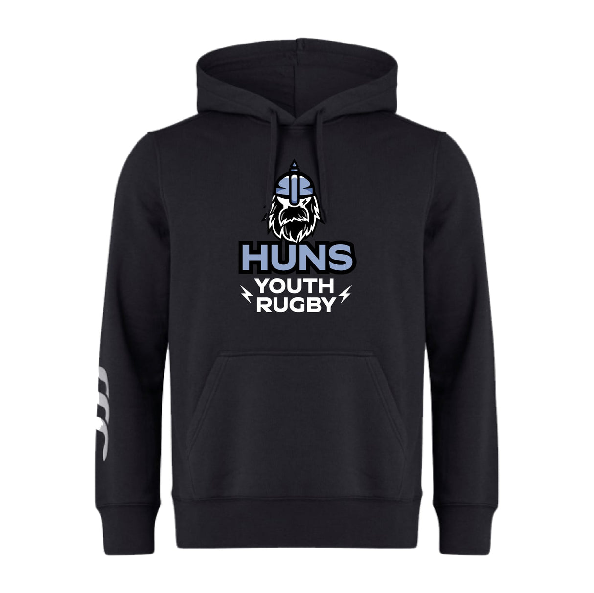 The Austin Huns Youth Rugby Club Hoodie by WRS Canterbury features a Viking helmet and beard graphic above "Huns Youth Rugby" on the front and white sleeve design—a bold choice for any team.