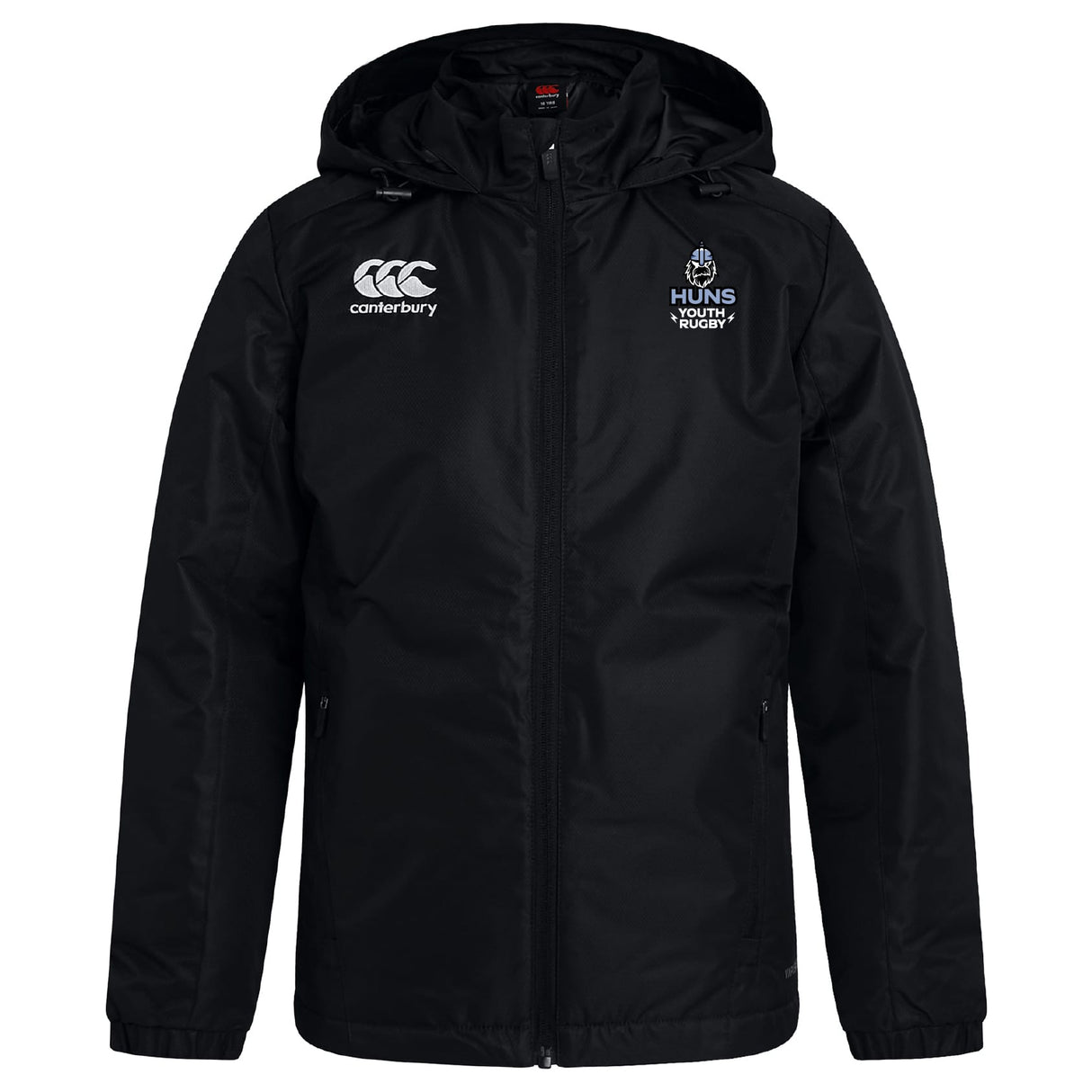 The Austin Huns Youth Rugby Club Vaposhield Stadium Jacket by EMB Canterbury features padded insulation, a black hood, the Canterbury logo on the right chest, and "Huns Youth Rugby" on the left, shown on a plain white background.
