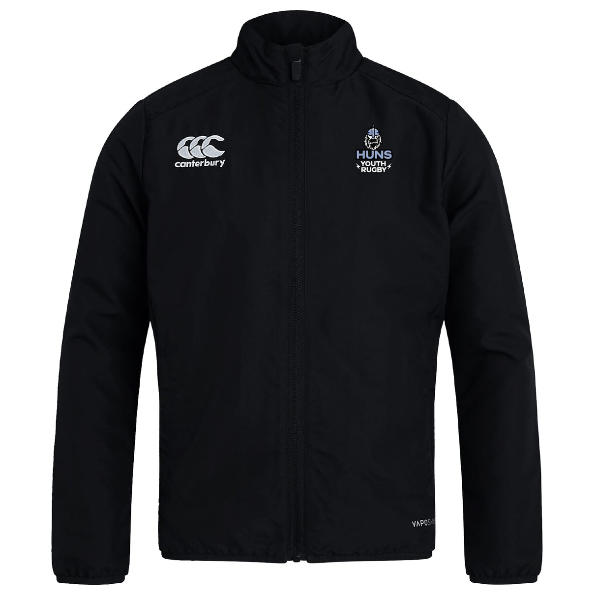 The Austin Huns Youth Rugby Club Track Jacket by Canterbury is a black zip-up from EMB Canterbury, featuring the Canterbury and Huns Youth Rugby logos on the chest. Lightweight and comfy, it's ideal for on or off the field.