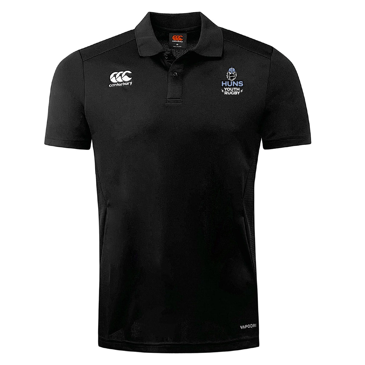 The Austin Huns Youth Rugby Club Dry Polo by EMB Canterbury is a black, short-sleeve collared sports shirt featuring Vapodri technology and Canterbury and Huns Youth Rugby logos on the chest.