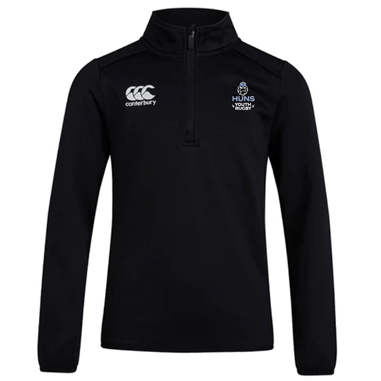 The EMB Canterbury Austin Huns Youth Rugby Club 1/4 Zip Mid Layer Training Top is a black long-sleeve with chest logos, combining comfort and versatility for rugby training.