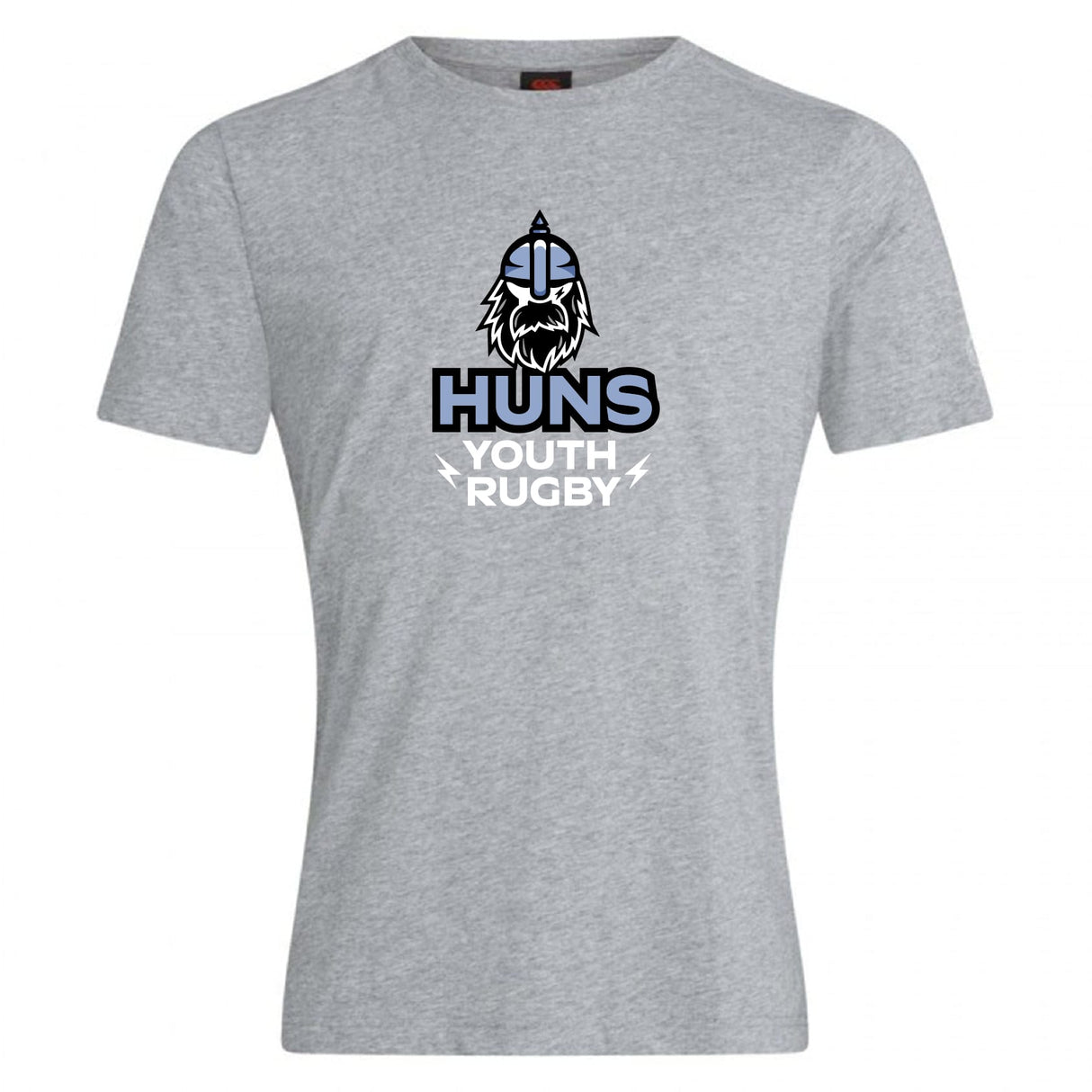 The Austin Huns Youth Rugby Club Plain Tee by WRS Canterbury is a grey cotton blend shirt with a Viking head graphic and “Huns Youth Rugby” in bold lettering.