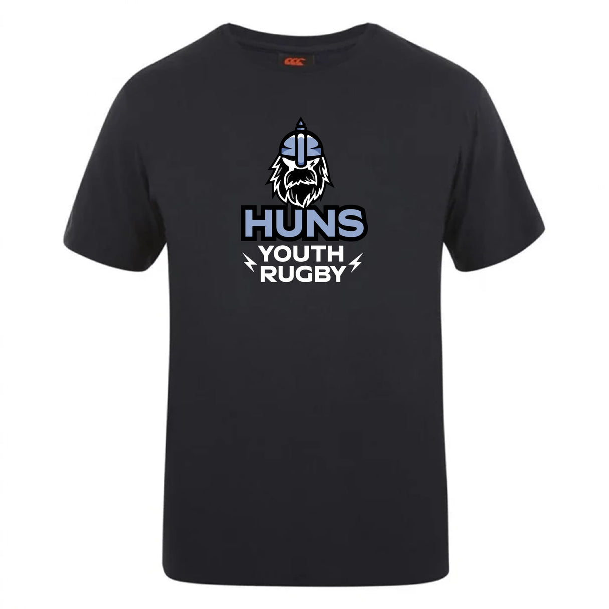 The Austin Huns Youth Rugby Club Plain Tee by WRS Canterbury is a black cotton blend shirt with a Viking helmet and beard logo above “Huns Youth Rugby” in white and light blue—ideal for team spirit and customization.