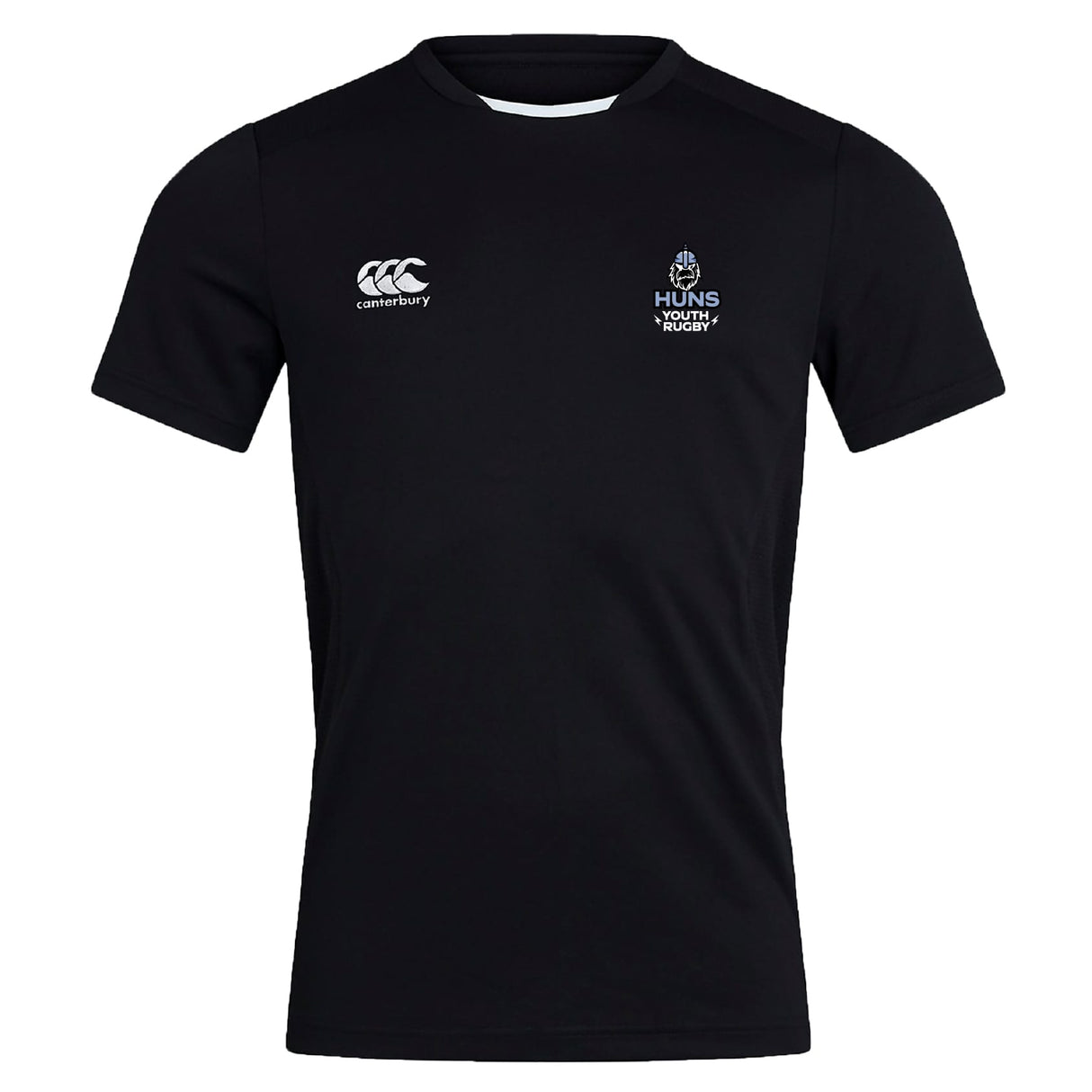 The Austin Huns Youth Rugby Club Dry Tee by EMB Canterbury is a black short-sleeve athletic shirt with Vapodri Technology, featuring the Canterbury logo left and Huns Youth Rugby emblem right—perfect for active young players.