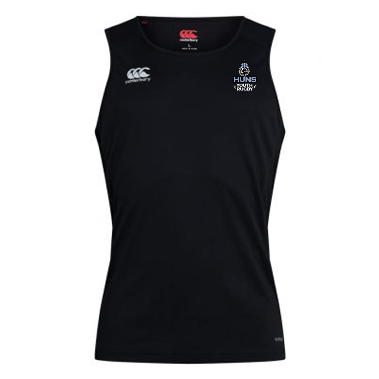 The Austin Huns Youth Rugby Club Dry Singlet by Canterbury is a sleeveless black top featuring Huns Youth Rugby logos on the chest, crafted with EMB Canterbury’s Vapodri Technology for high-performance athletic wear.