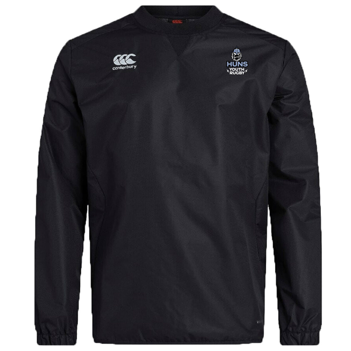 The Austin Huns Youth Rugby Club Vaposhield Contact Top by EMB Canterbury is a black, water-repellent long-sleeve training shirt with the Canterbury logo on the right and "Huns Youth Rugby" on the left chest.