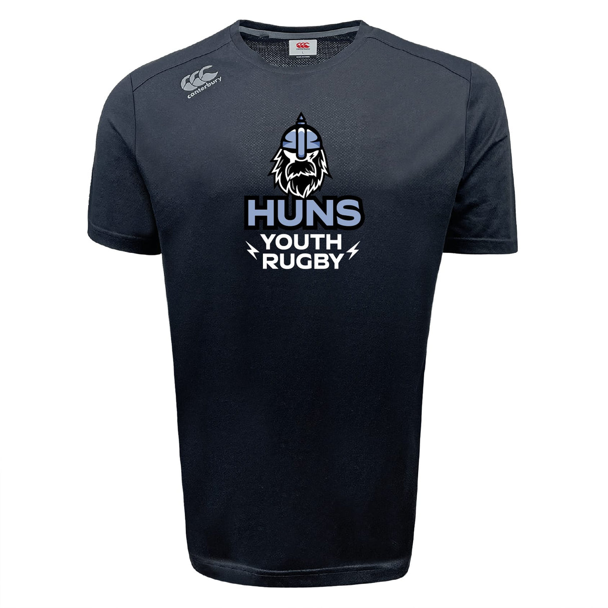 Stay cool on the field with the Austin Huns Youth Rugby Tempo Vapodri T-Shirt by WRS Canterbury—a black short-sleeve tee featuring a Viking head and "Huns Youth Rugby" graphic, made with moisture-wicking fabric for peak performance.