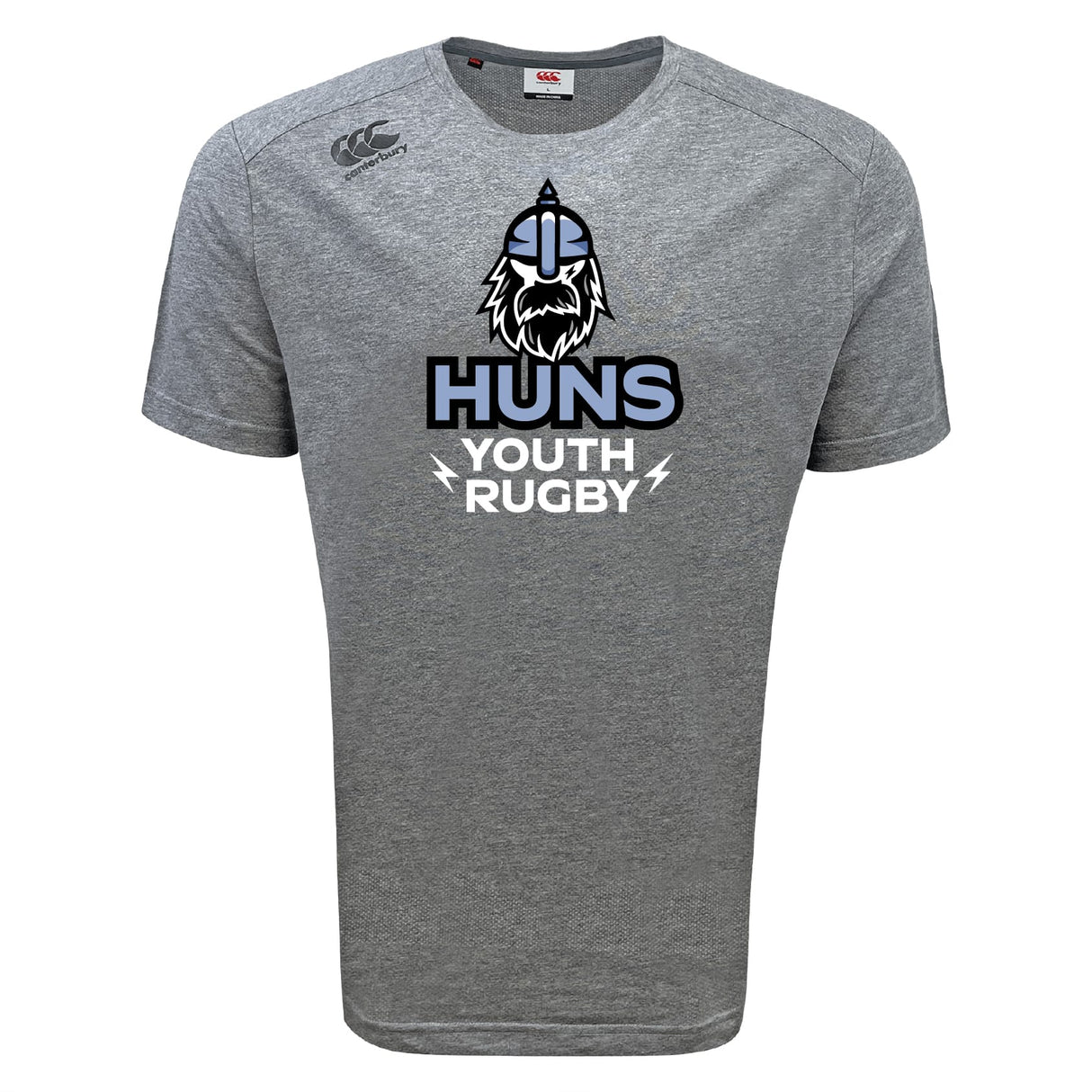 The Austin Huns Youth Rugby Tempo Vapodri T-Shirt by WRS Canterbury is a gray short-sleeve athletic tee, featuring a Viking logo and bold "HUNS YOUTH RUGBY" print—blending comfort and style for young fans.
