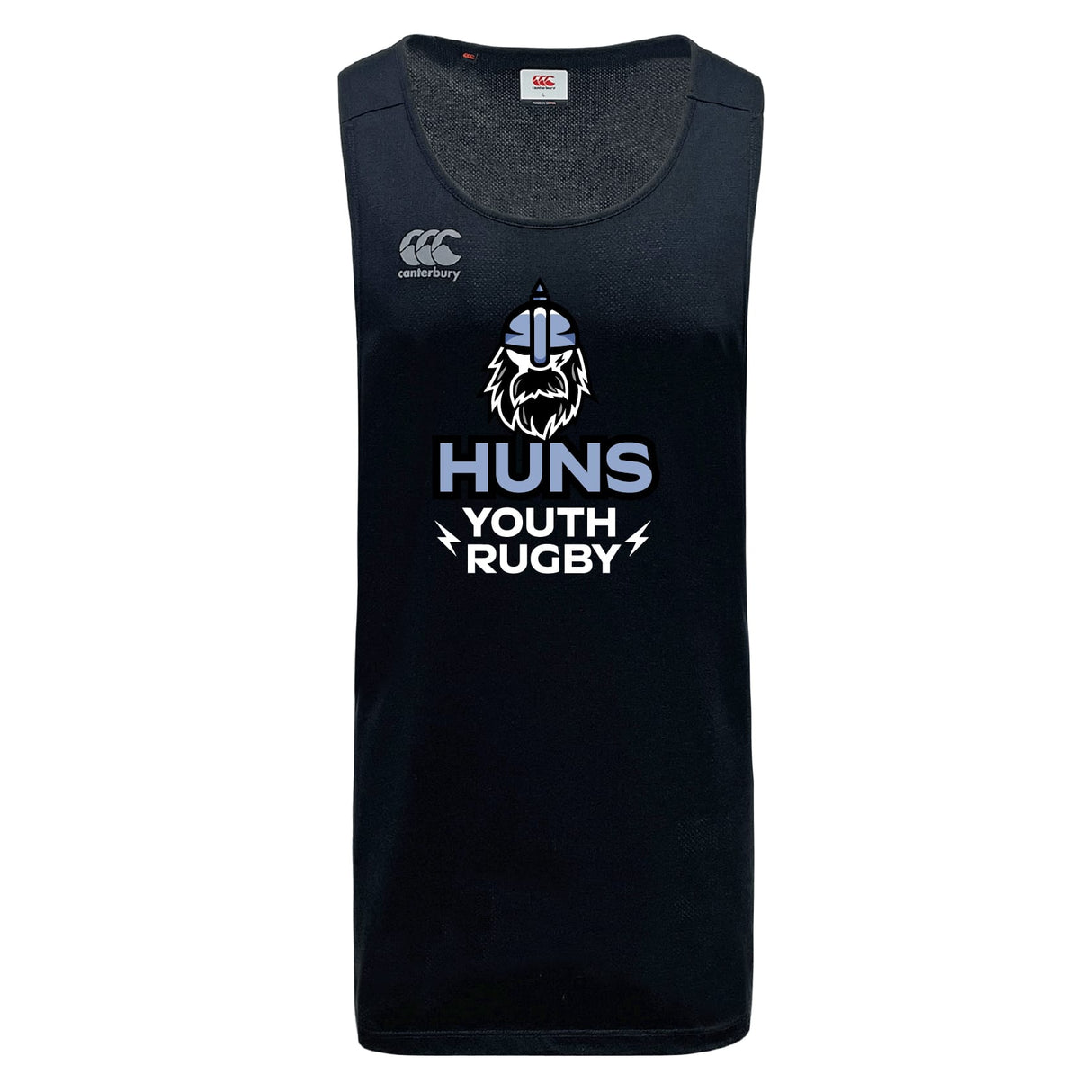The Austin Huns Youth Rugby Tempo Vapodri Singlet by WRS Canterbury is a black, sleeveless training top featuring the "Huns Youth Rugby" logo with Viking helmet and beard graphic, crafted from recycled polyester for comfort and performance.