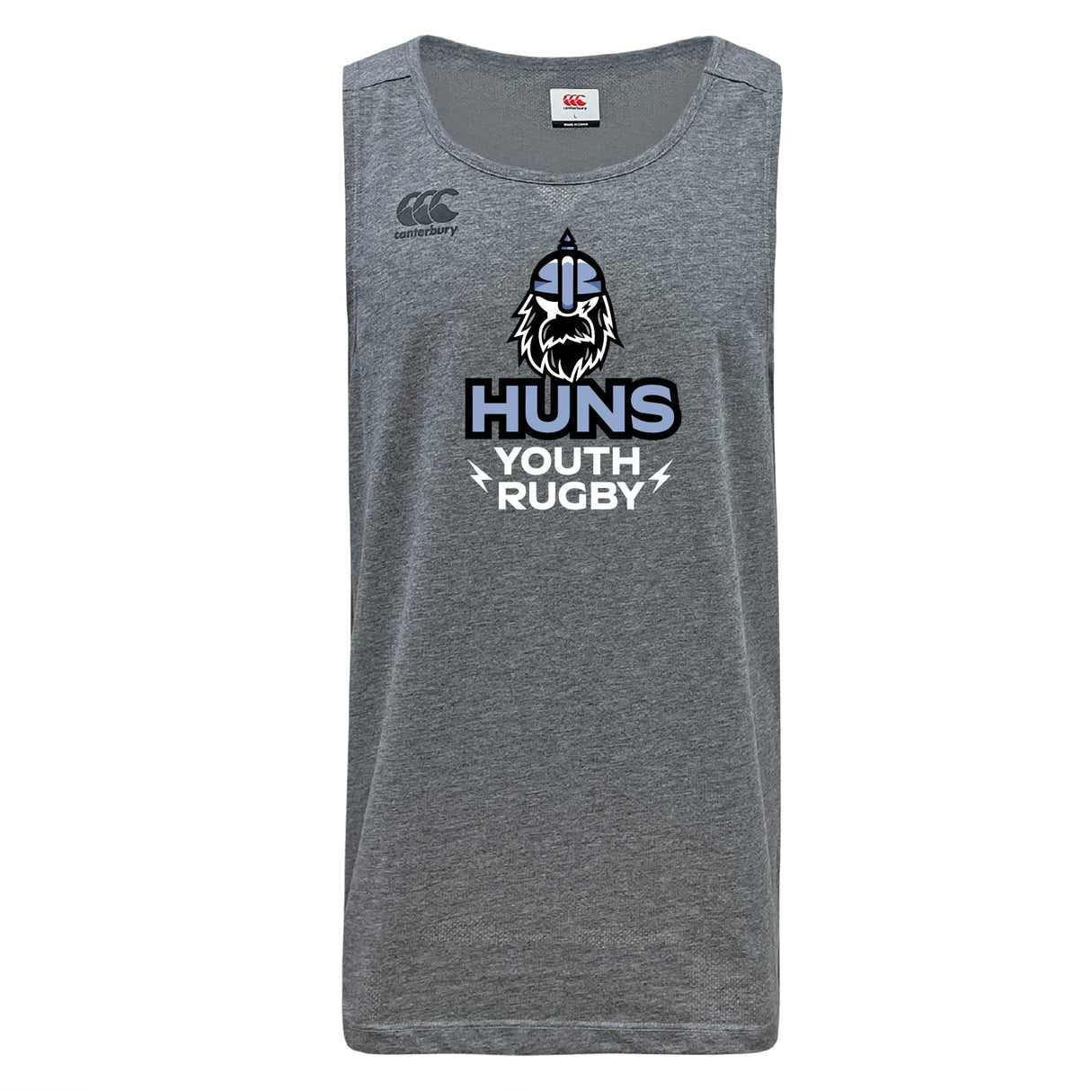 The Austin Huns Youth Rugby Tempo Vapodri Singlet by WRS Canterbury is a gray, sleeveless top made from recycled polyester, featuring a "Huns Youth Rugby" logo with a stylized Viking helmet and beard graphic on the front.