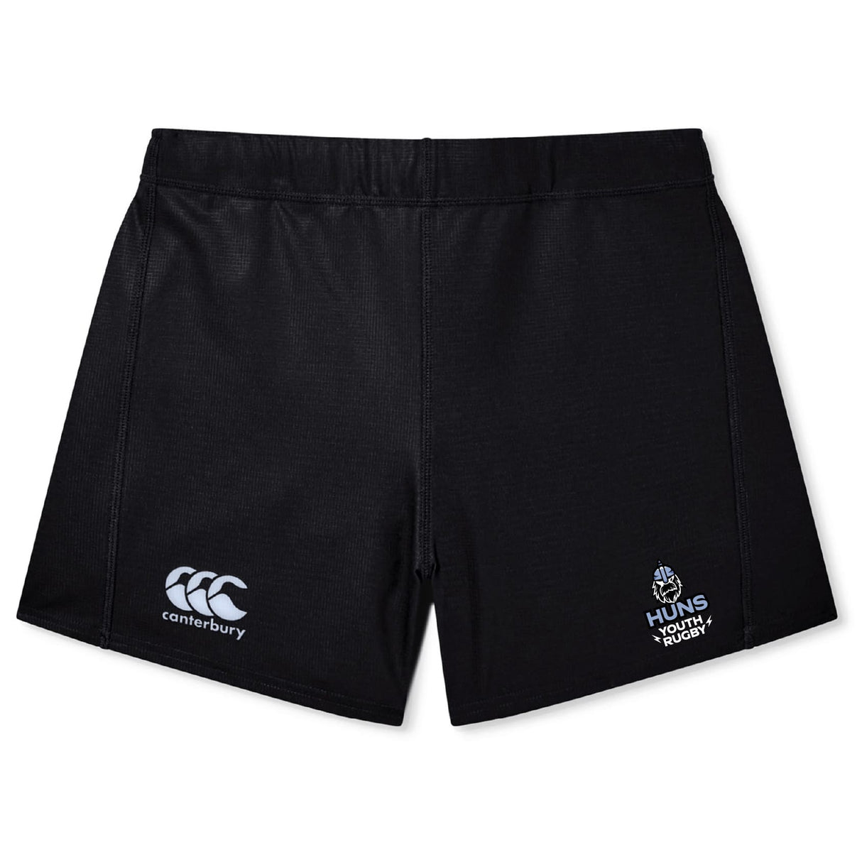 The Austin Huns Youth Rugby Women's Yokohama Short by EMB Canterbury features the Canterbury logo on the left and "Huns Youth Rugby" on the right, shown against a white background.
