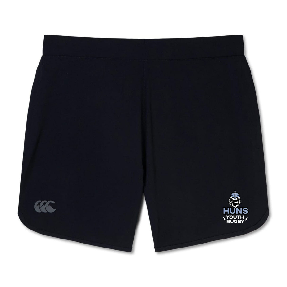 The Austin Huns Youth Rugby Women’s Elite Woven Short by EMB Canterbury features the Canterbury logo, Huns logo, and zippered pockets—perfect women’s gym shorts for comfort and style.