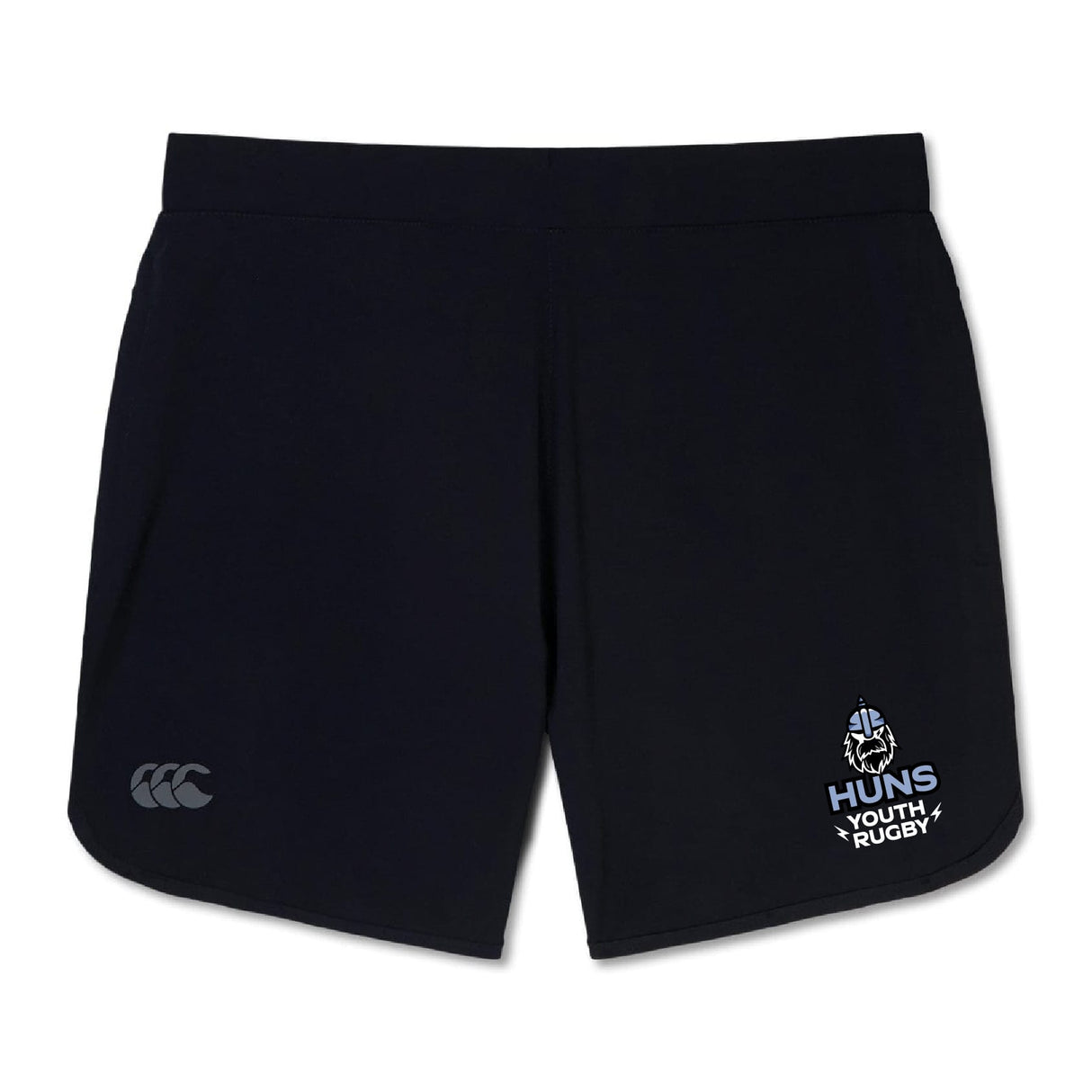 The Austin Huns Youth Rugby Elite Woven Short by EMB Canterbury features zippered pockets and displays the Huns Youth Rugby and Canterbury logos on the front, ensuring secure storage during training.