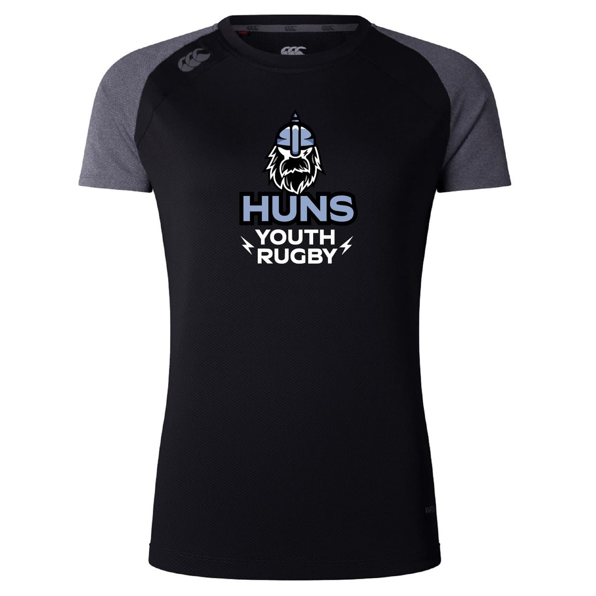 The Austin Huns Youth Rugby Women's Elite Training Tee by WRS Canterbury is a black and grey lightweight shirt with "Huns Youth Rugby" and a viking helmet logo, made from moisture-wicking fabric for comfortable training.