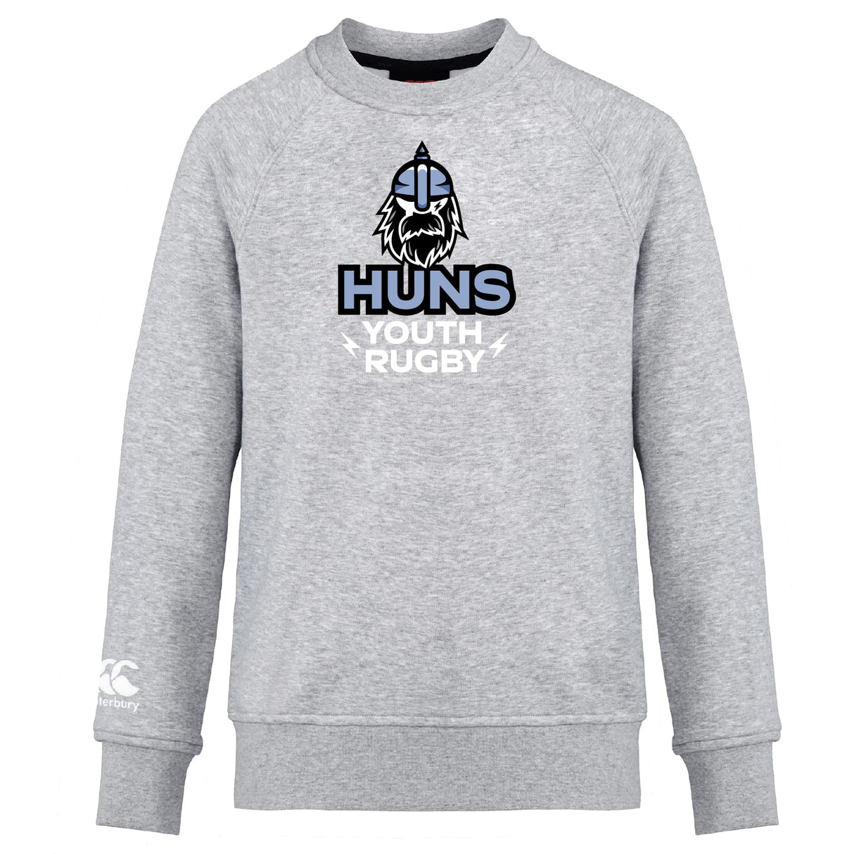 The Austin Huns Youth Rugby Club Crew Sweatshirt by WRS Canterbury features a stylized Viking logo and "Huns Youth Rugby" on the front, plus an embroidered CCC logo on the sleeve for ultra-soft comfort and team pride.