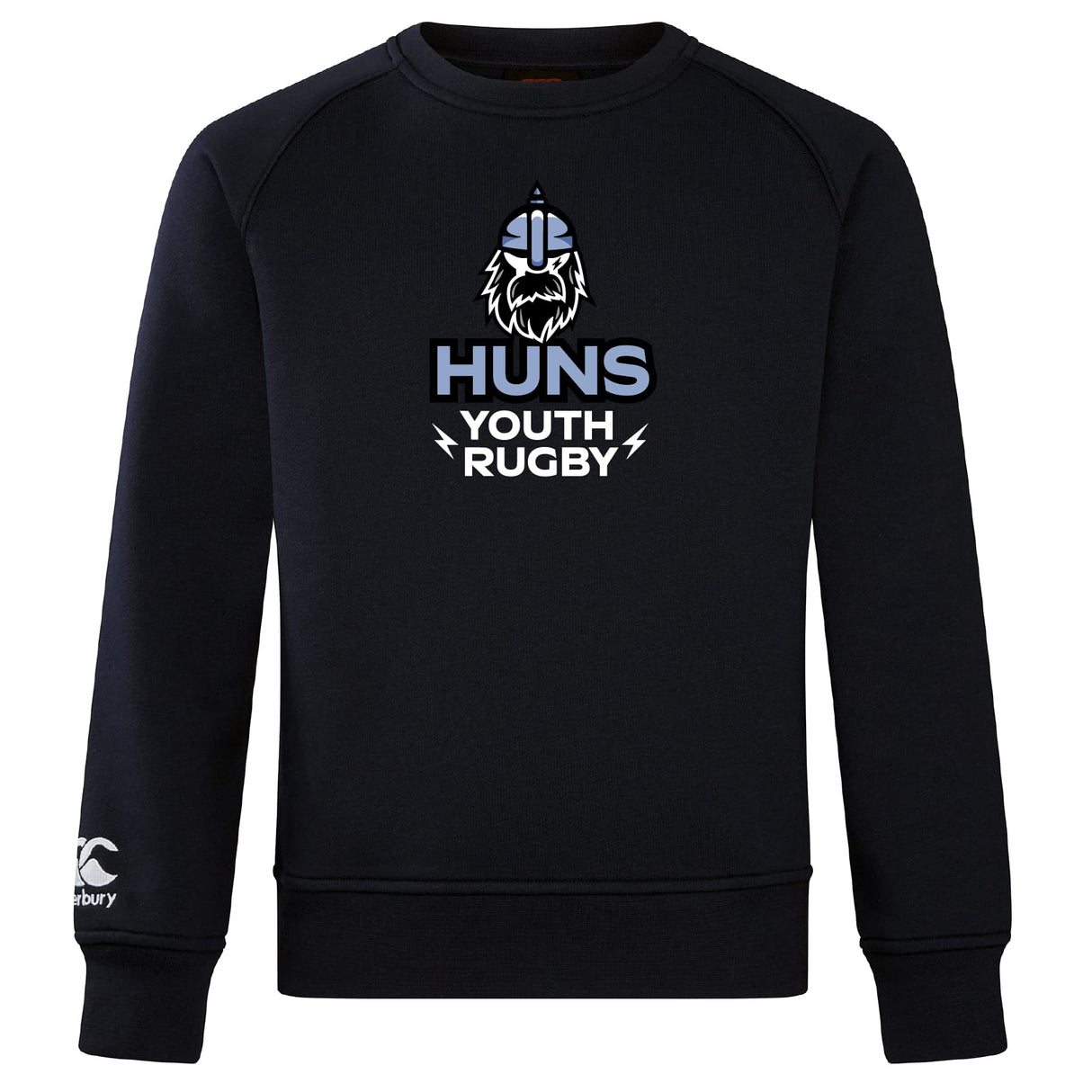 The Austin Huns Youth Rugby Club Crew Sweatshirt by WRS Canterbury is ultra soft, navy blue, with a Viking helmet and beard graphic above "Huns Youth Rugby," plus an embroidered CCC logo on the left sleeve.