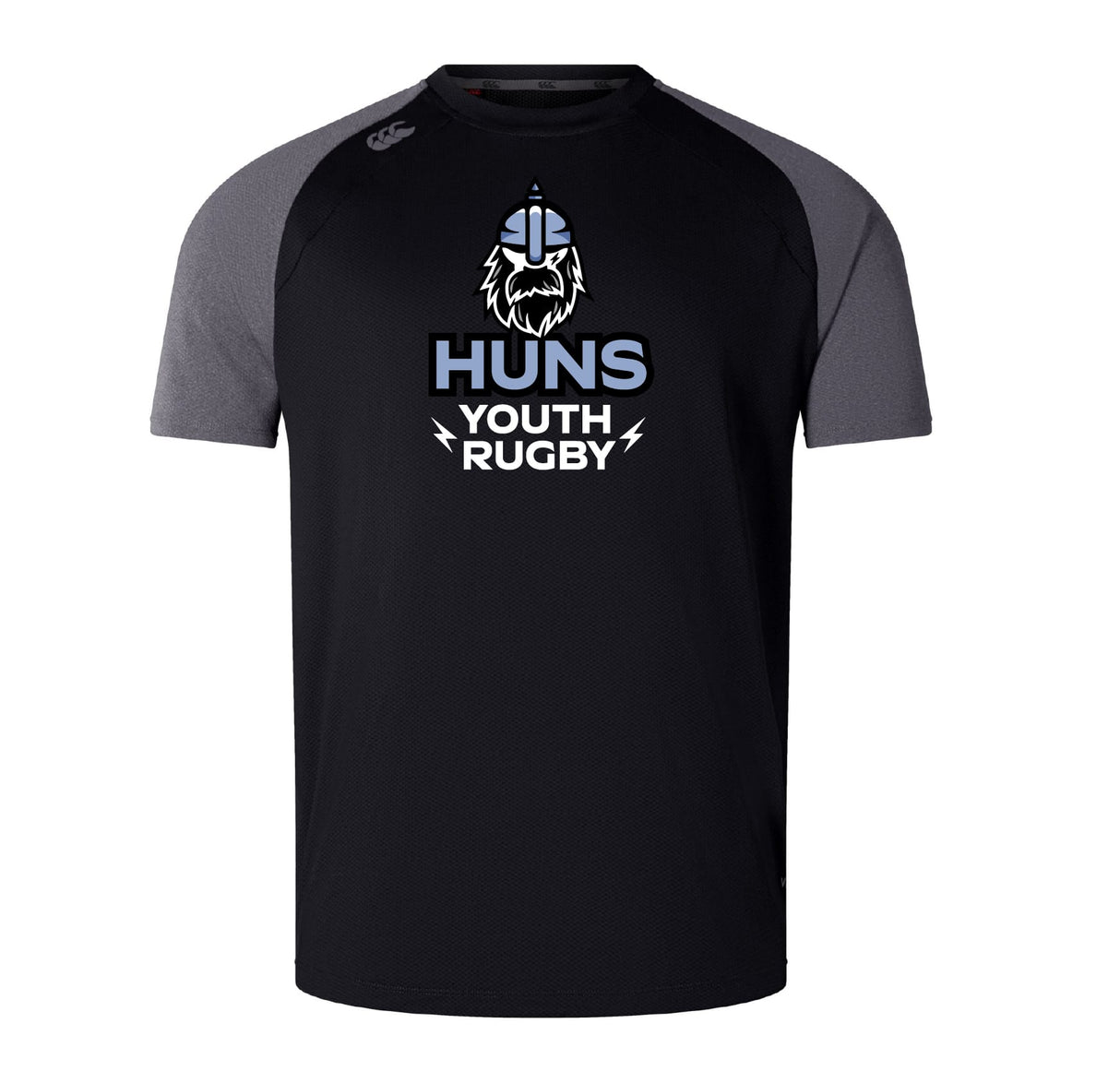 The Austin Huns Youth Rugby Elite Training Tee by WRS Canterbury features black and grey short sleeves, a Viking helmet logo, "Huns Youth Rugby" text, and is made from lightweight Vapodri fabric for comfort.