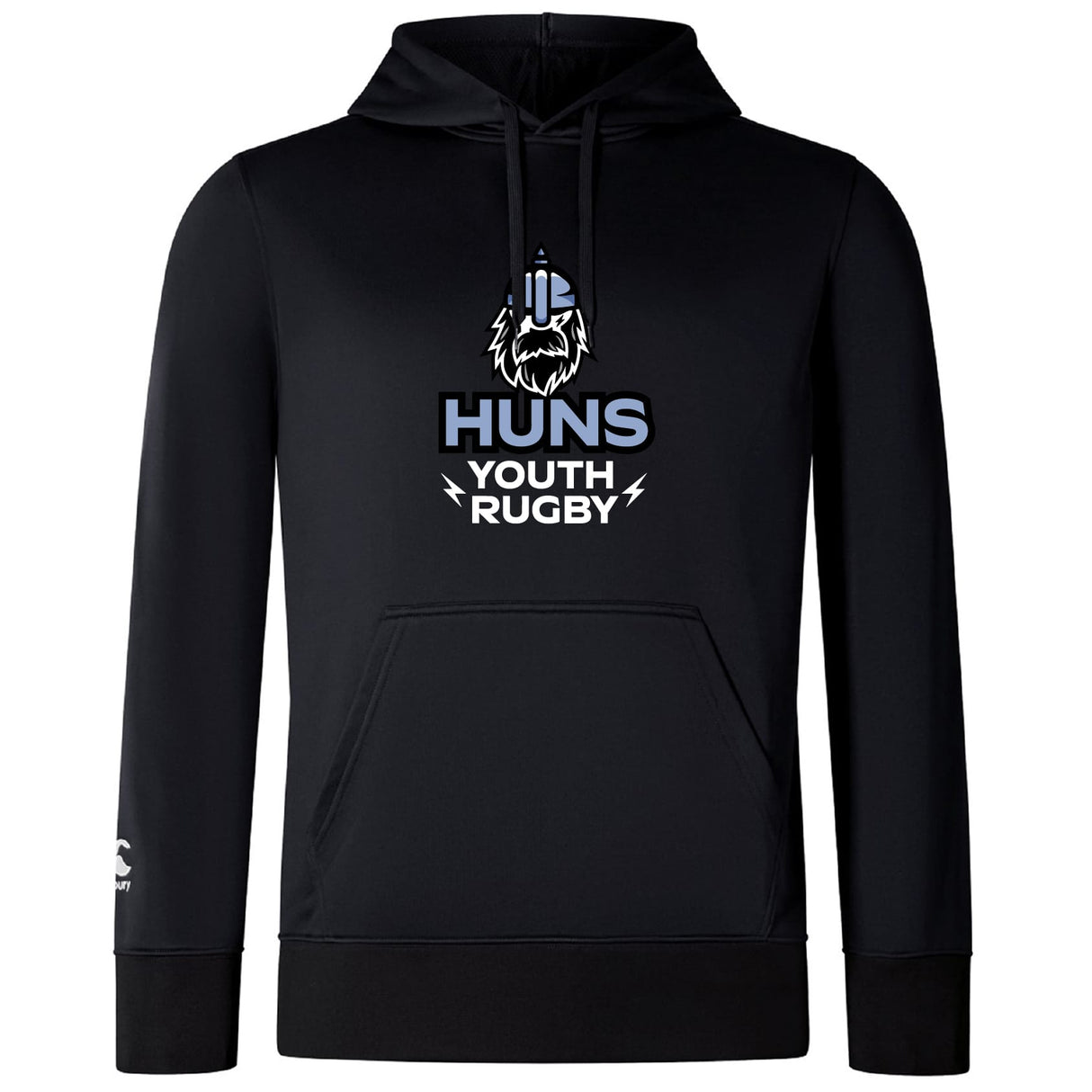 The Austin Huns Youth Rugby Club Lightweight Hoodie by WRS Canterbury is a black, custom hoodie with a kangaroo pocket, stylized wolf logo, and "Huns Youth Rugby" text on the chest.