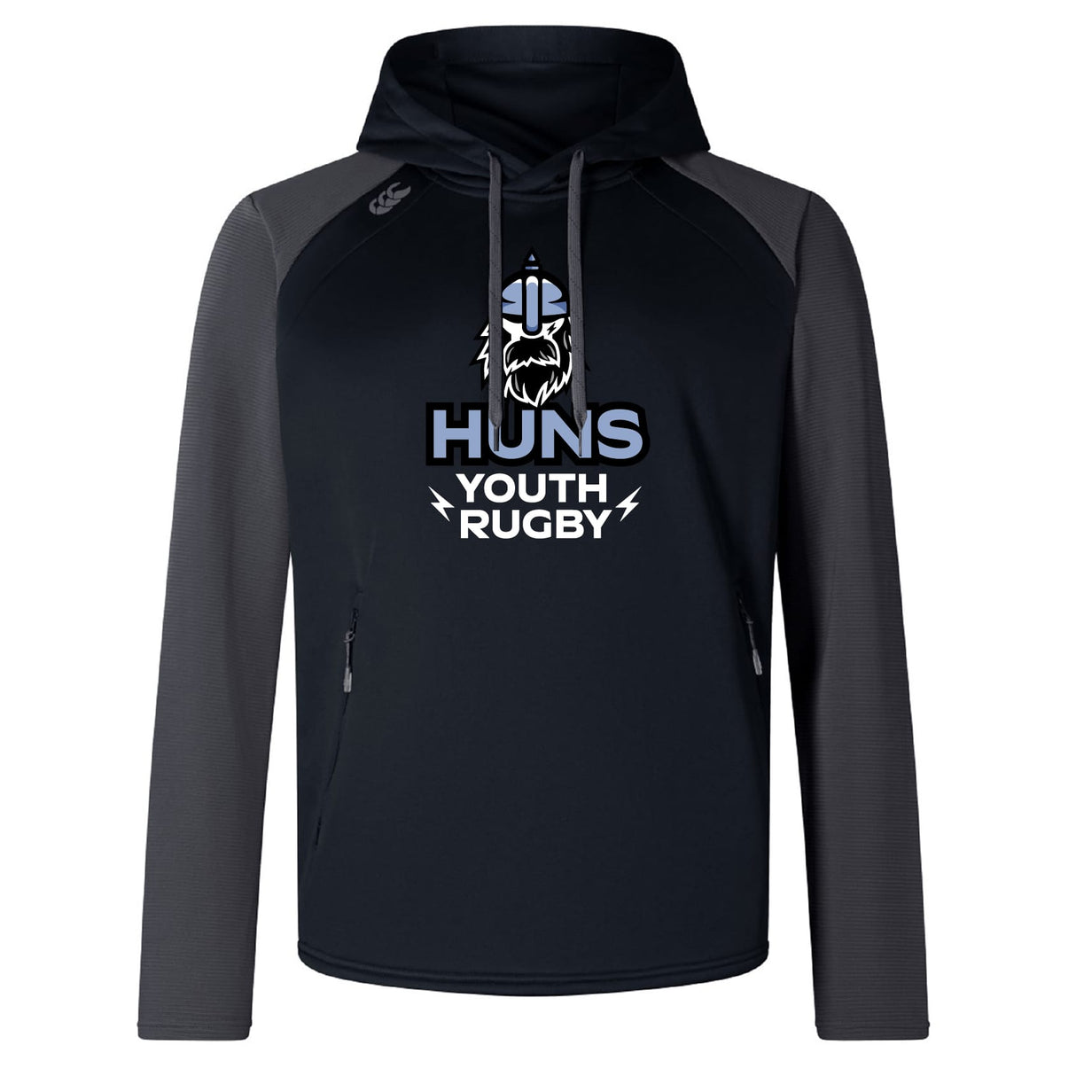 The Austin Huns Youth Rugby Elite Training Hoody by WRS Canterbury features “Huns Youth Rugby” text and a Norse helmet logo—ideal custom sportswear for top performance on or off the field.