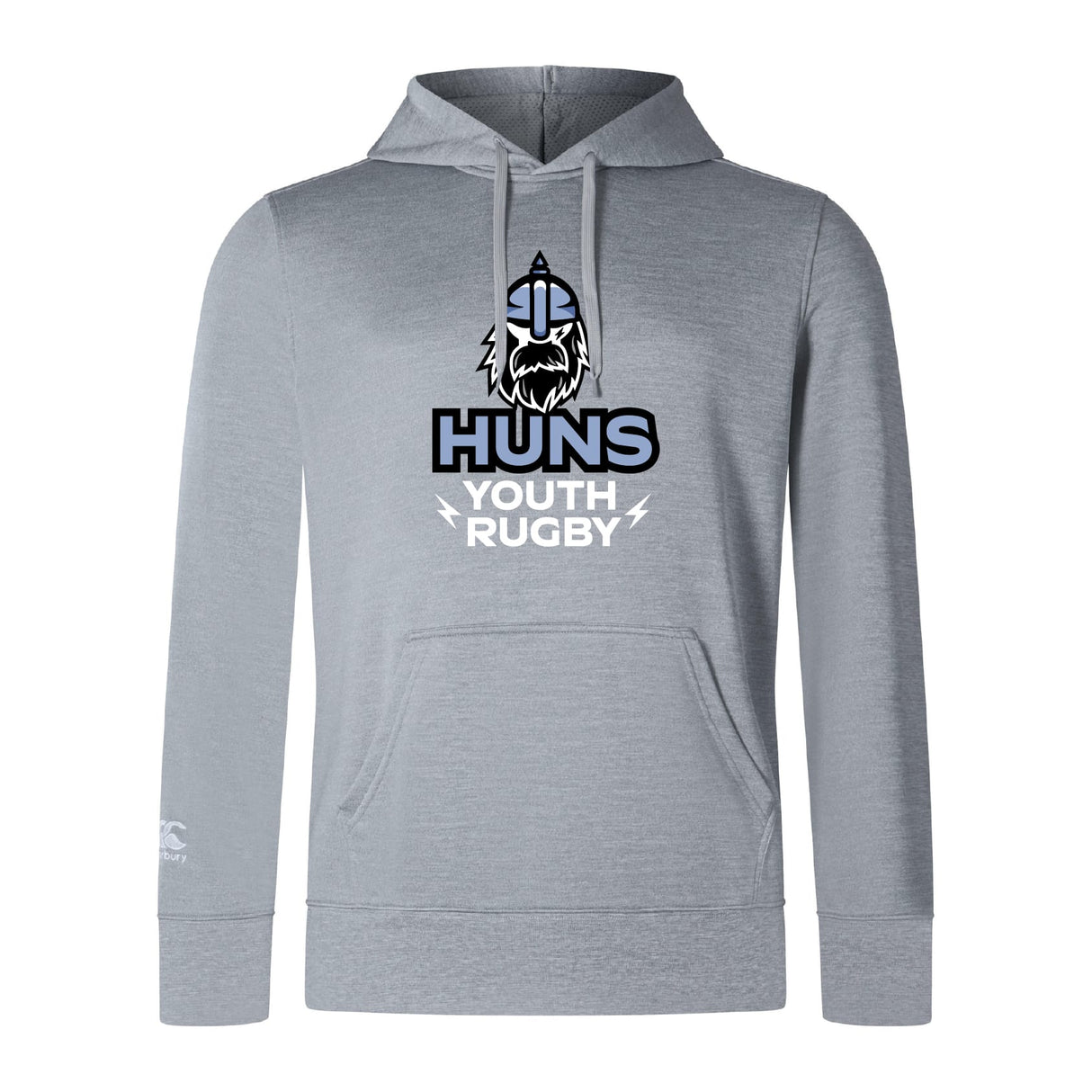 The Austin Huns Youth Rugby Club Lightweight Hoodie by WRS Canterbury is a light gray pullover with a kangaroo pocket, featuring a stylized Viking head and bold "Huns Youth Rugby" text on the front.