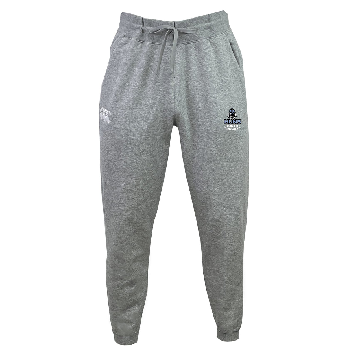 The Austin Huns Youth Rugby Leisure Sweatpant by EMB Canterbury features a gray design with a drawstring waistband, two embroidered upper-thigh logos, and soft organic cotton for all-day comfort.