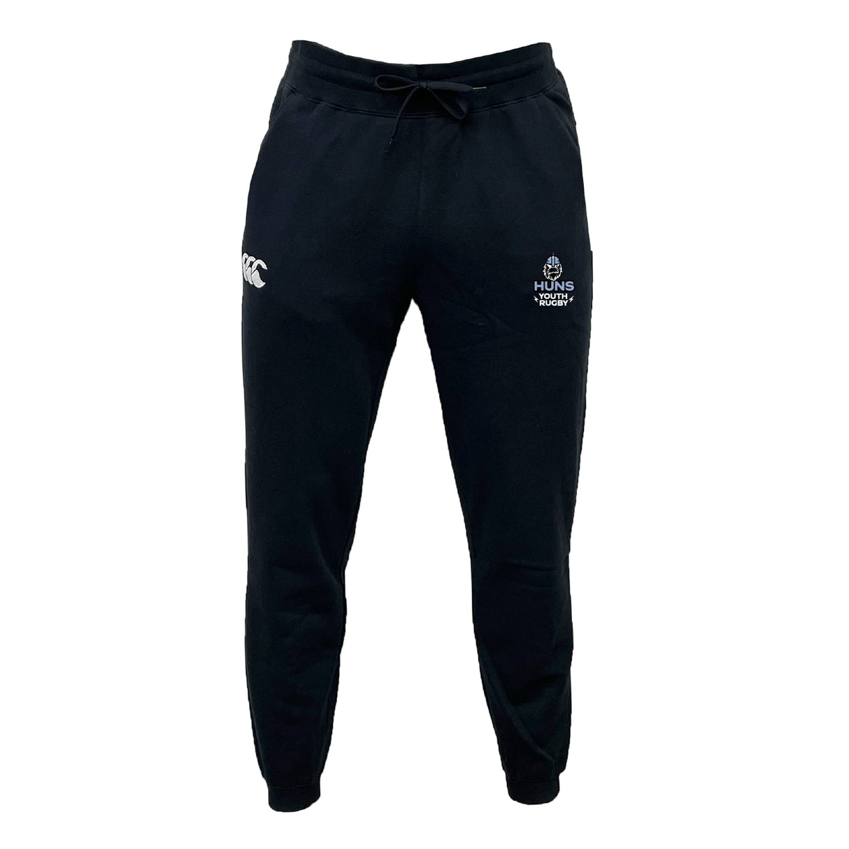 The Austin Huns Youth Rugby Leisure Sweatpant by EMB Canterbury features a black athletic design with a drawstring waist, made from recycled polyester sweatpants material and displaying white logos on both front thighs.