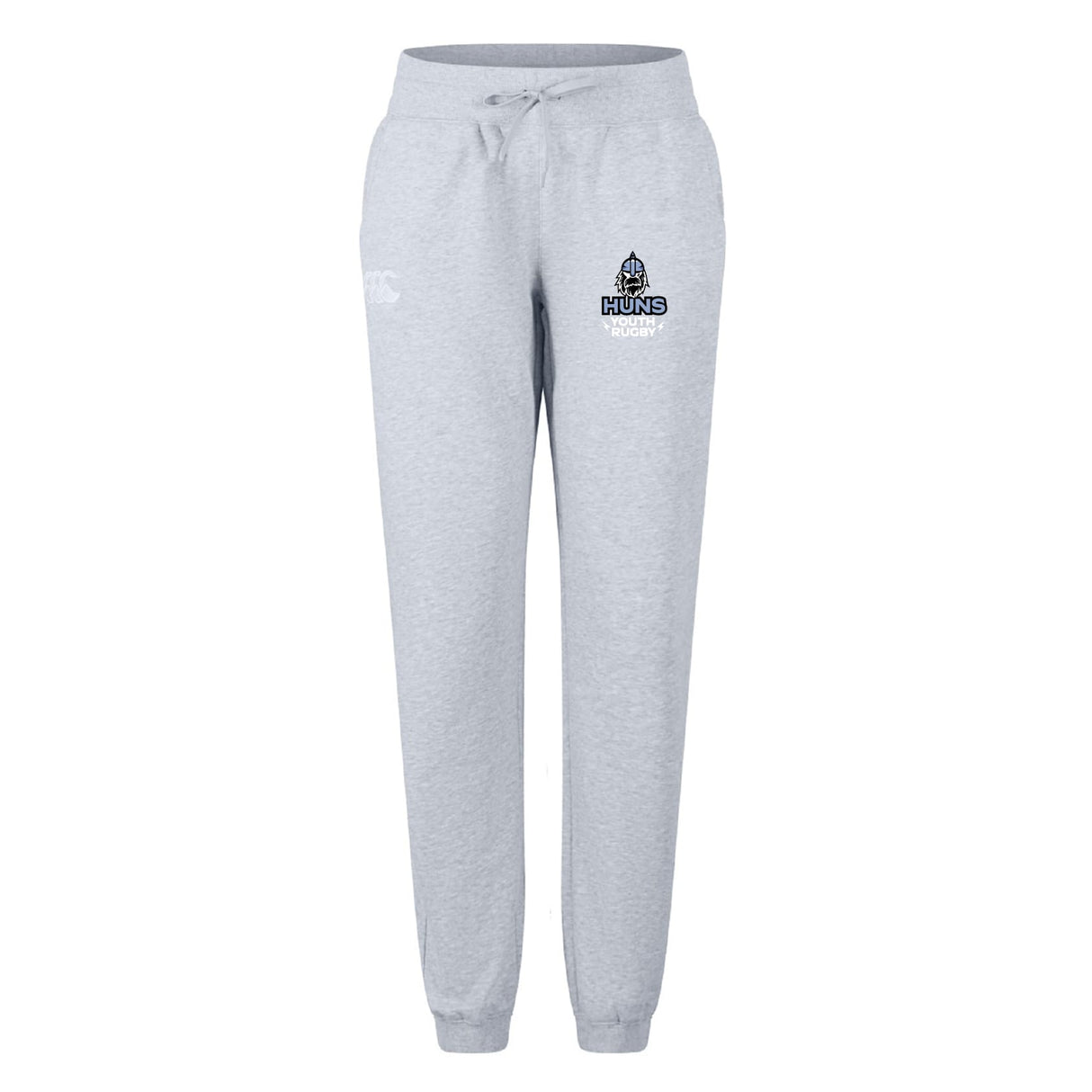 The Austin Huns Youth Rugby Women's Leisure Sweatpant by EMB Canterbury features light gray fabric, a drawstring waist, elastic cuffs, and a "Huns Hockey" logo on the left thigh—ideal sporty comfort inspired by classic Canterbury style.