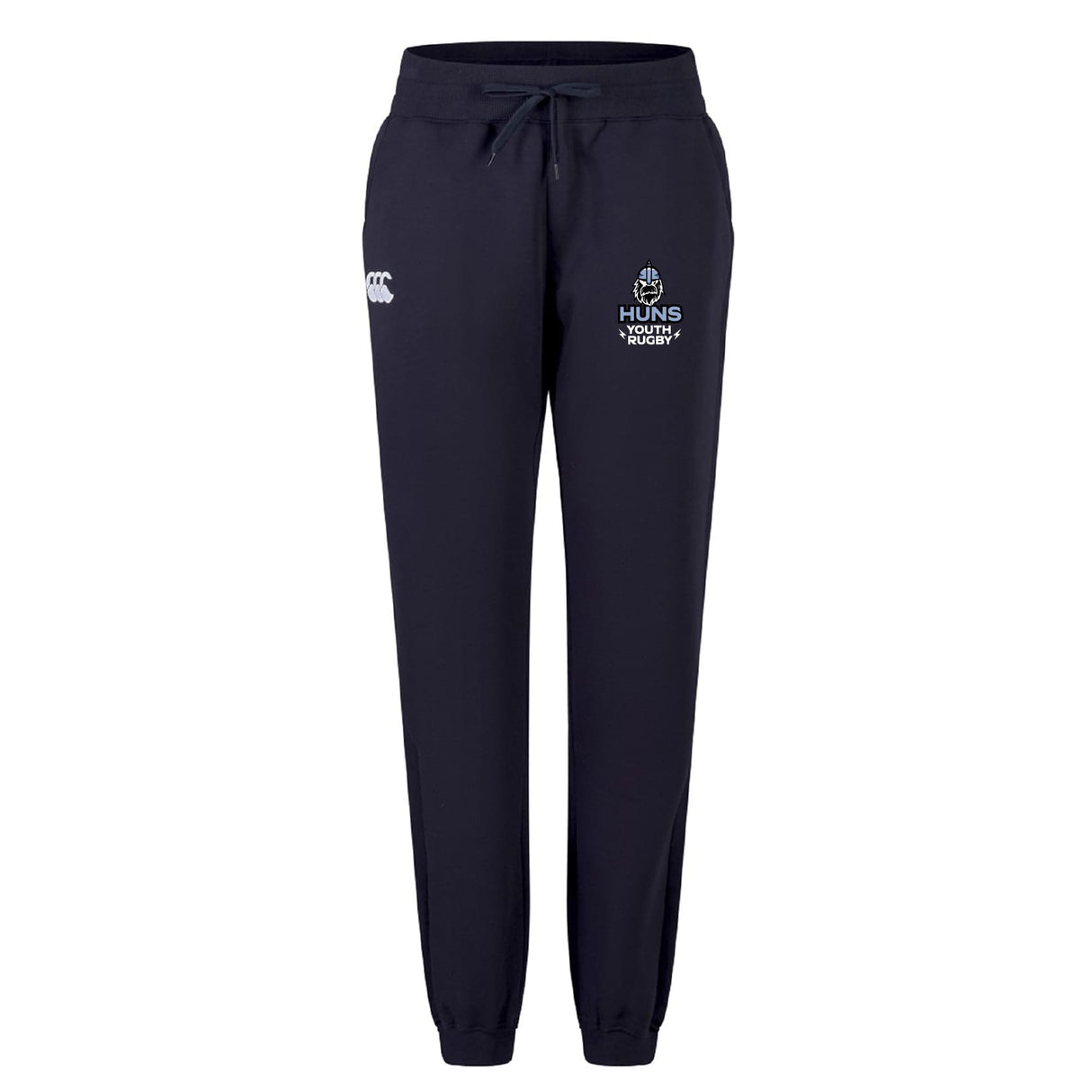 The Austin Huns Youth Rugby Women's Leisure Sweatpant by EMB Canterbury features navy organic cotton, a drawstring waist, ankle cuffs, and team logos on each thigh—perfect for women seeking rugby-inspired leisurewear.