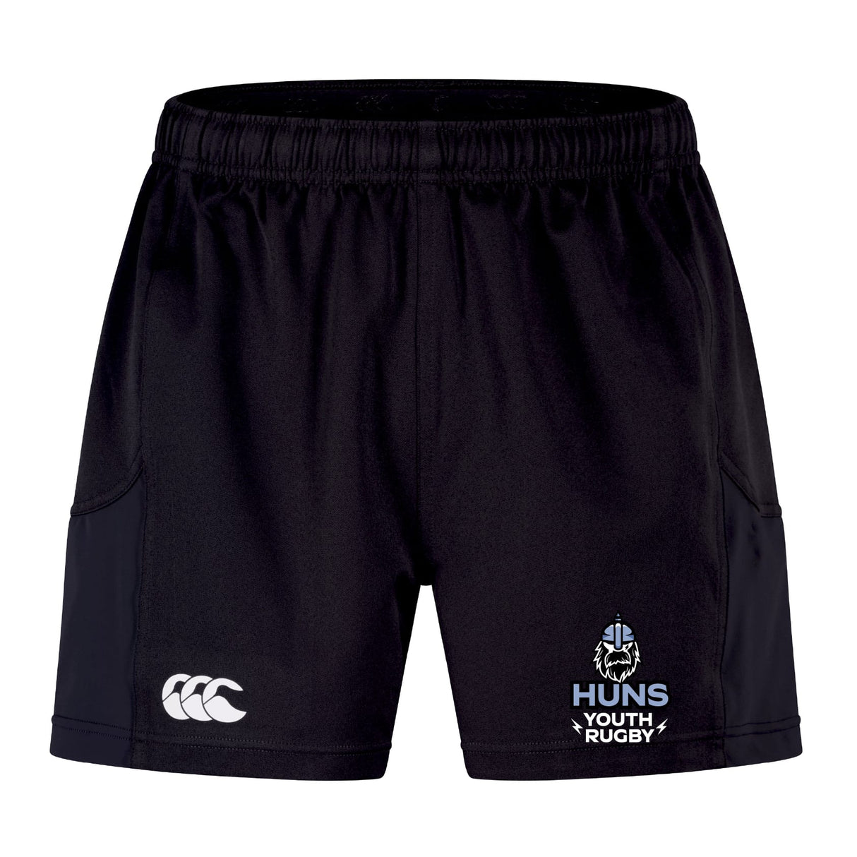 The Austin Huns Youth Rugby Advantage Short 2.0 by EMB Canterbury features an elastic waistband, the Canterbury logo, and the Huns Youth Rugby emblem—ideal performance shorts for young athletes.