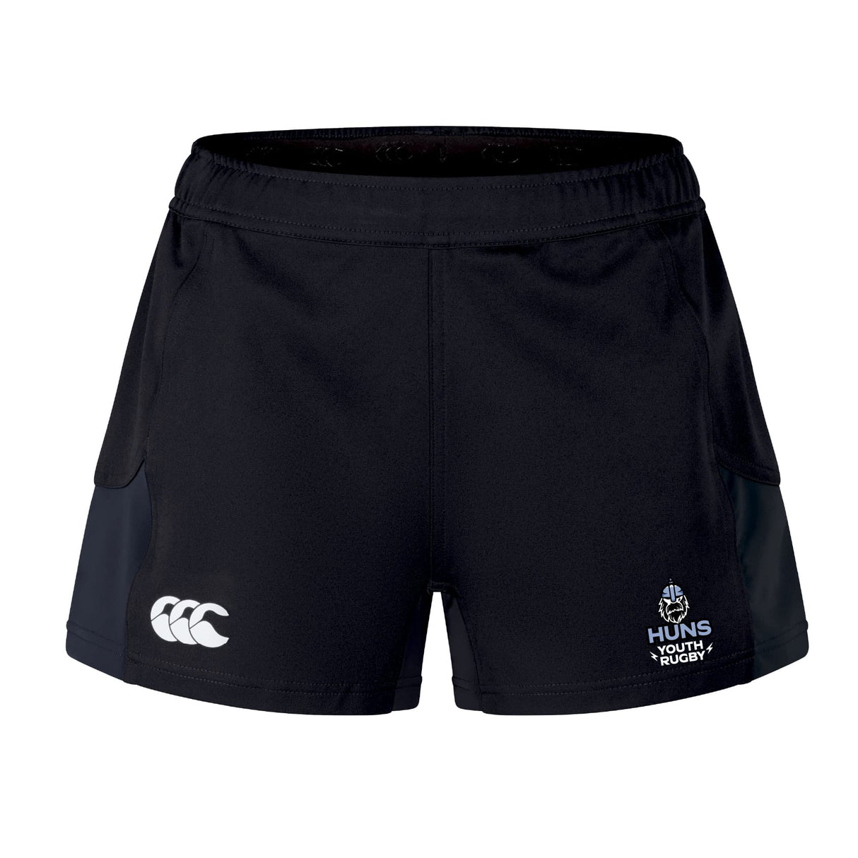The Austin Huns Youth Rugby Women's Advantage Short 2.0 by EMB Canterbury features black performance fabric, a white CCC logo on the left leg, and "Huns Youth Rugby" branding on the right for comfort and style.