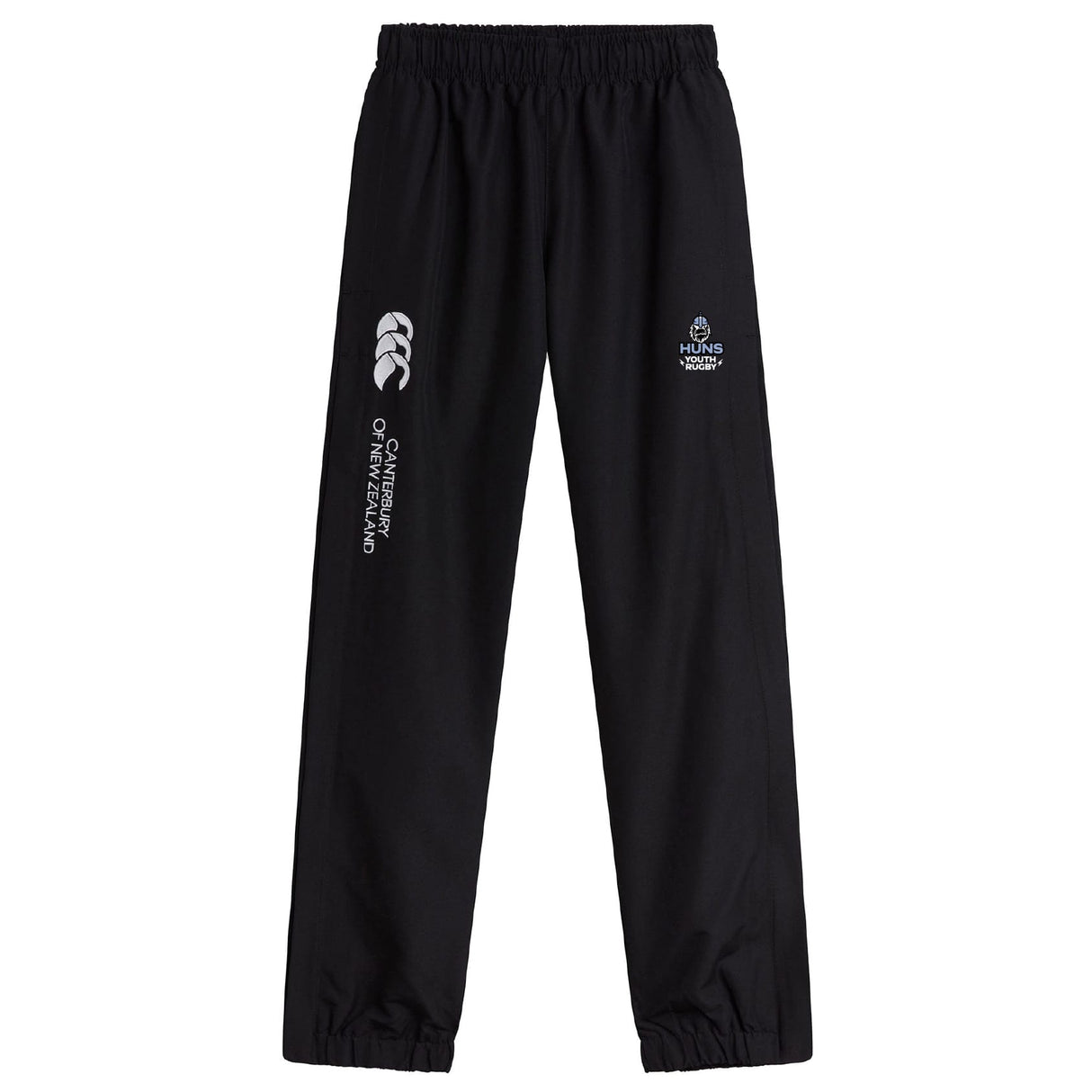 The Austin Huns Youth Rugby Cuffed Hem Stadium Pant by EMB Canterbury features an elastic waistband, cuffed hem, and white Canterbury and Huns World logos—ideal rugby pants combining comfort and style.
