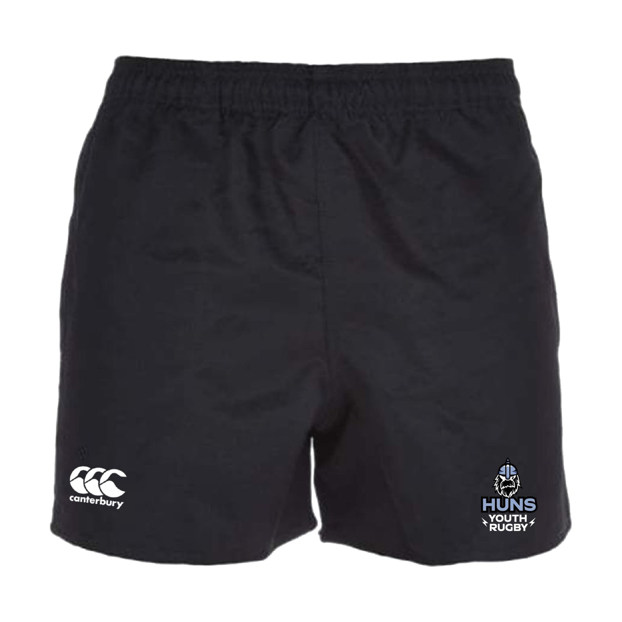 The Austin Huns Youth Rugby Advantage Shorts by EMB Canterbury feature an elastic waistband, moisture-wicking fabric, the Canterbury logo on the left leg, and the Huns Youth Rugby logo on the right for comfort and style.
