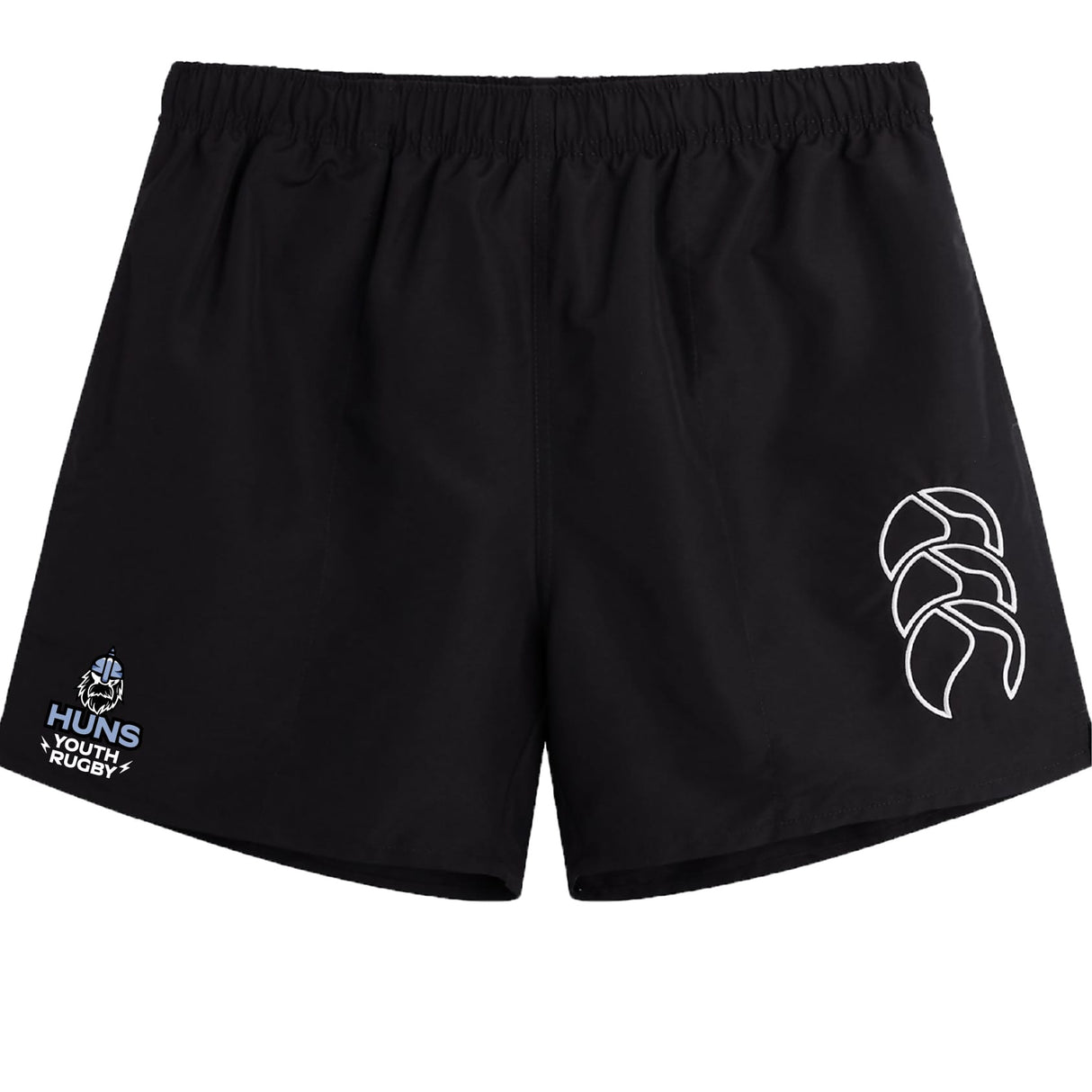 The Austin Huns Youth Rugby Tactic Short by Canterbury features an elastic waistband, "Huns Youth Rugby" left-leg logo, and a large white right-leg logo. Lightweight and durable, these EMB Canterbury shorts are perfect for training or game days.